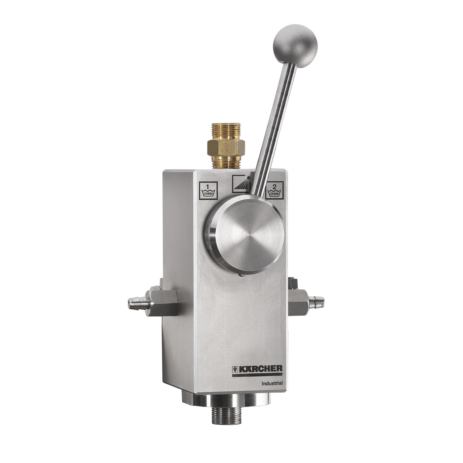 Kärcher industrial valve with lever, metallic finish, labelled for chemical selection, brass fitting on top. Kärcher industrial valve with lever, metallic finish, labelled for chemical selection, brass fitting on top.