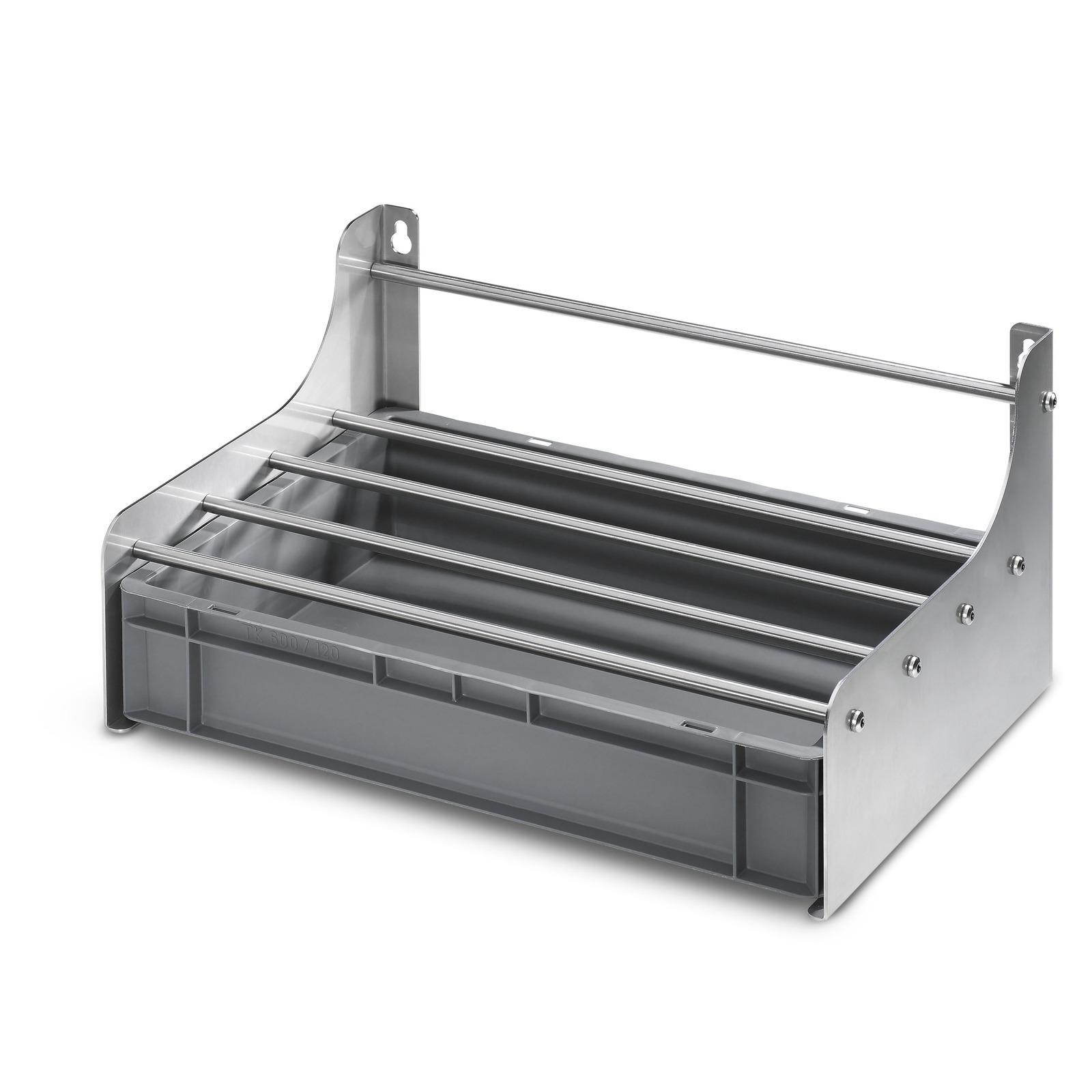 Stainless steel wall-mounted rack with four horizontal bars and a grey plastic tray at the bottom. Stainless steel wall-mounted rack with four horizontal bars and a grey plastic tray at the bottom.