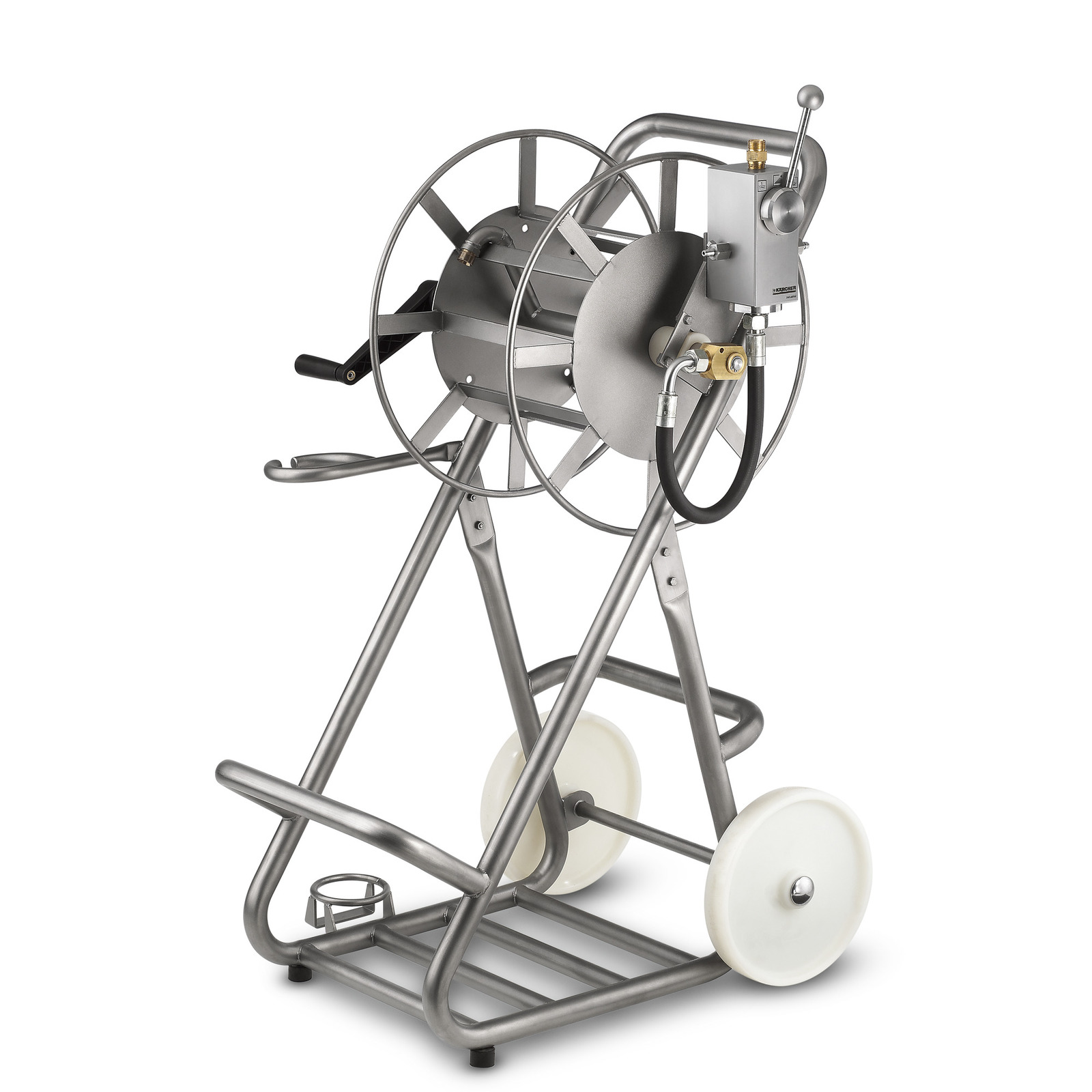 Stainless steel Kärcher hose reel cart with white wheels and a handle, featuring a hose connection and control lever. Stainless steel Kärcher hose reel cart with white wheels and a handle, featuring a hose connection and control lever.