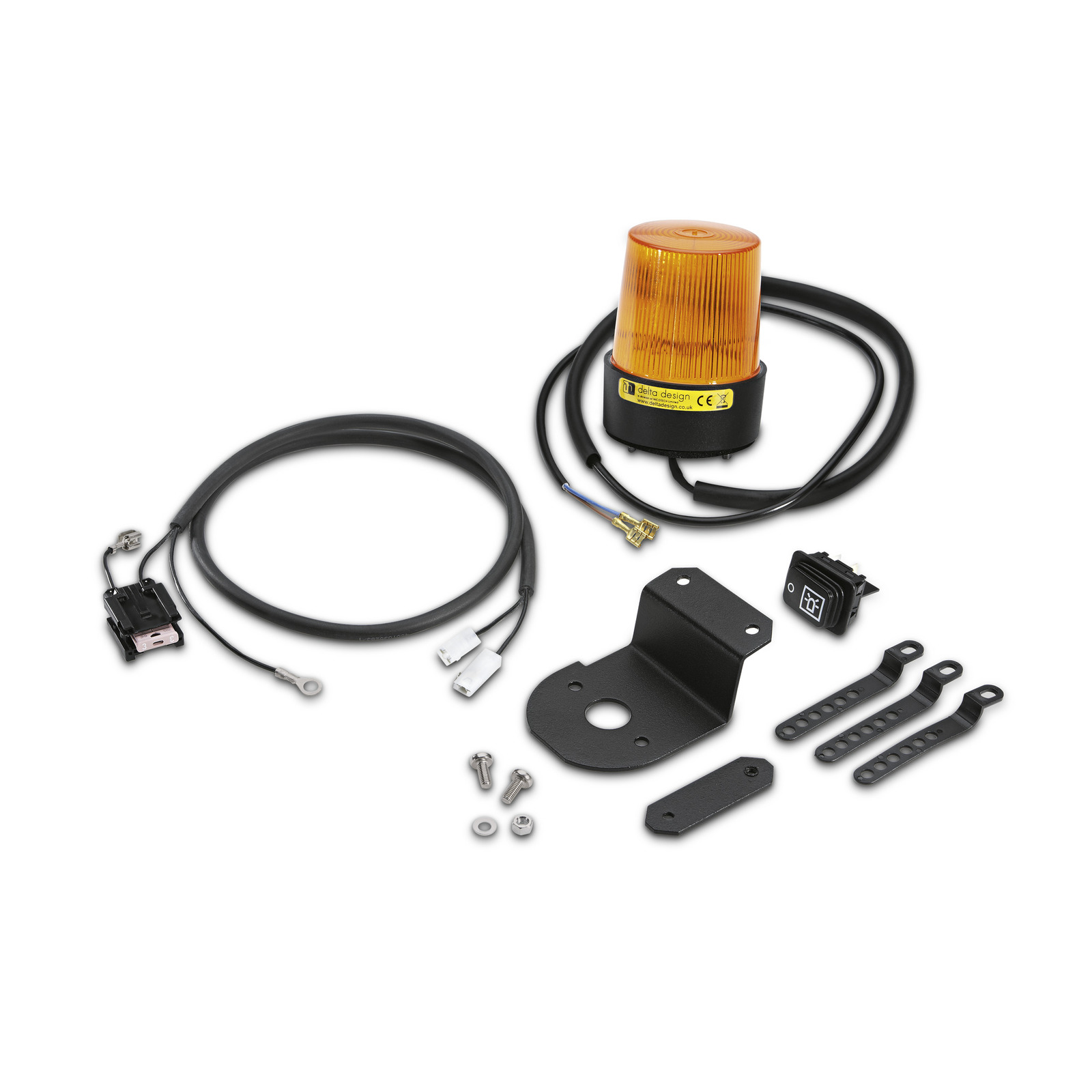 Amber warning light kit with cables, mounting bracket, switch, and connectors arranged on a white background.