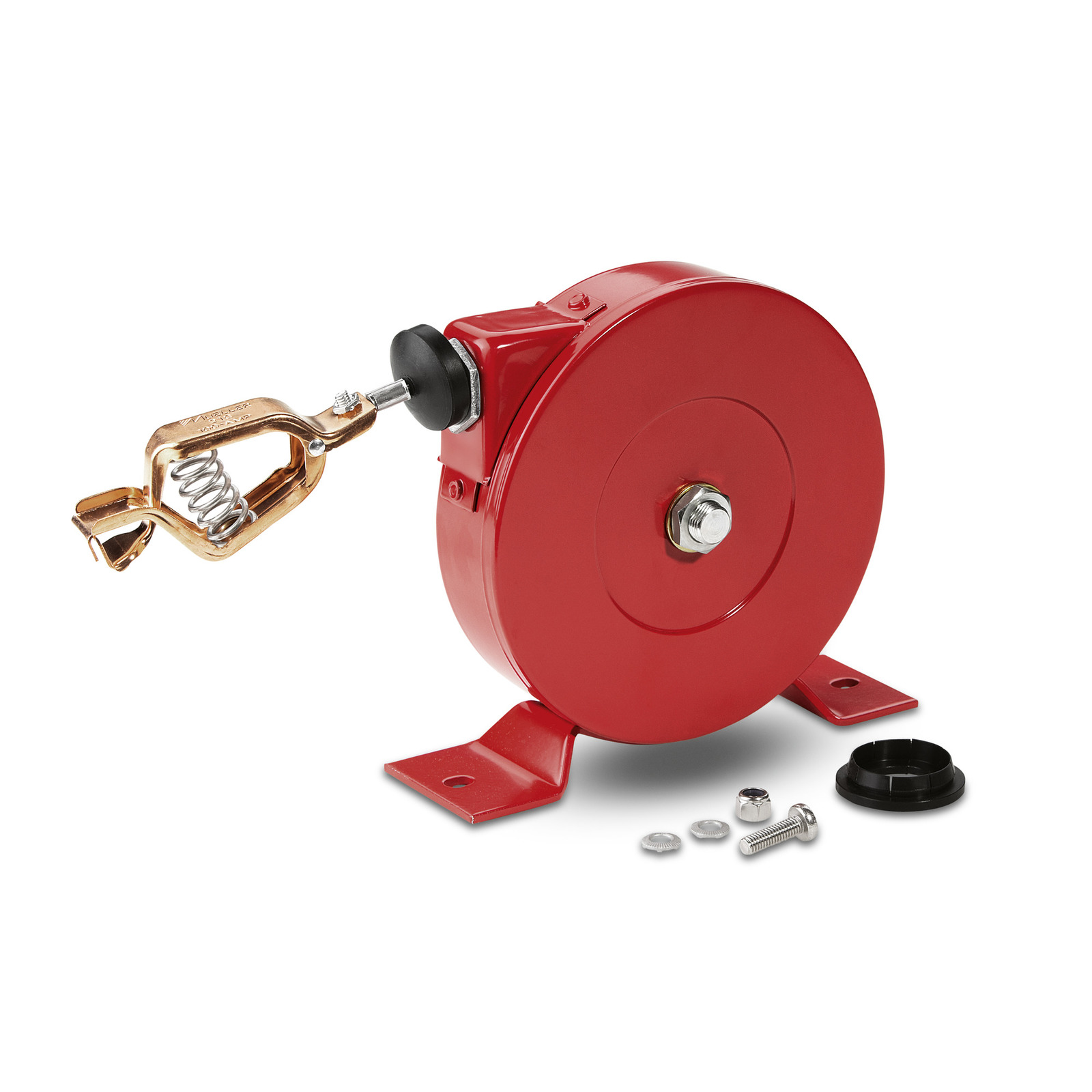 Red cable reel with a metal clamp attached, placed on a white surface. Nearby are screws and a black plastic cap. Red cable reel with a metal clamp attached, placed on a white surface. Nearby are screws and a black plastic cap.