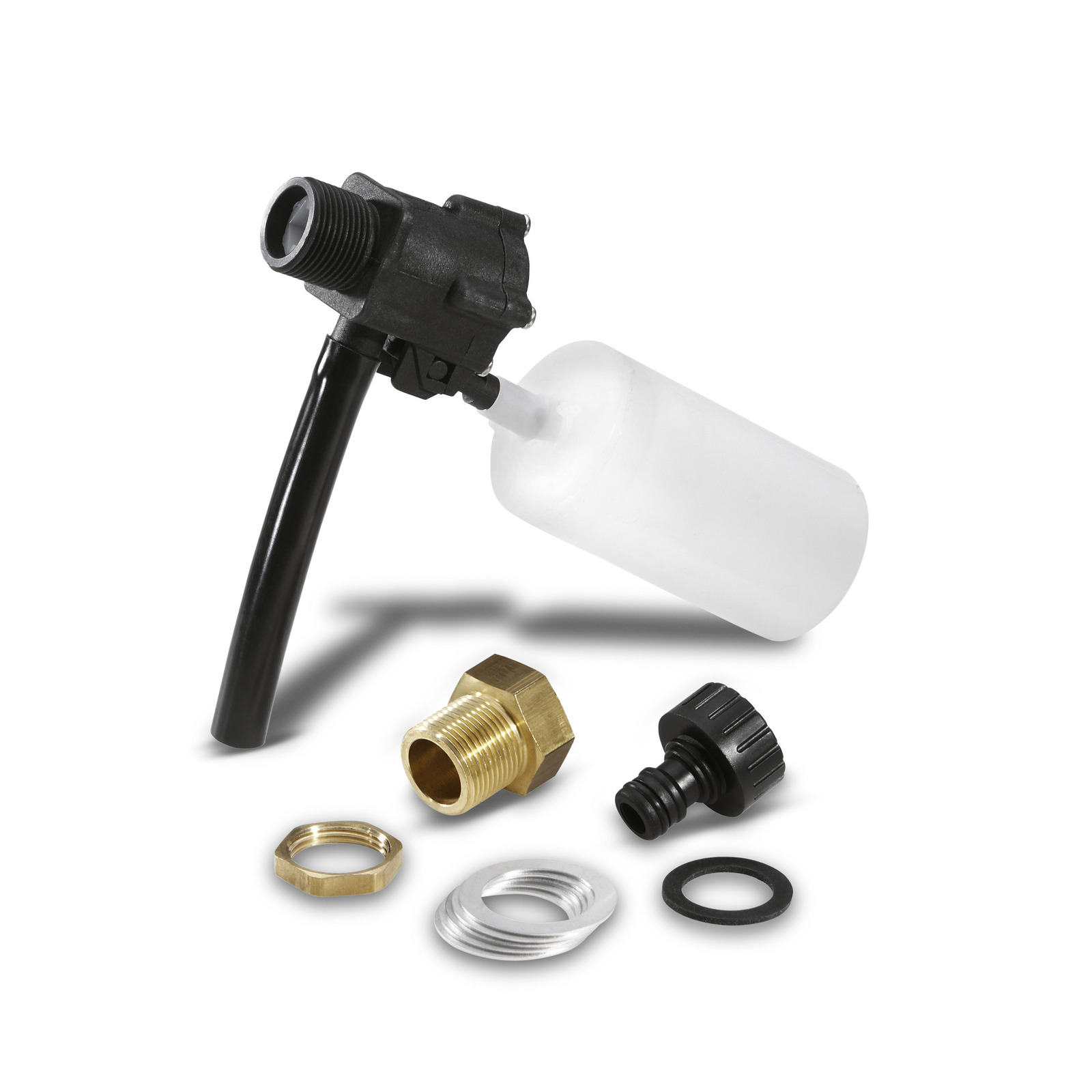 Kärcher foam nozzle with a black handle and white container, used for applying cleaning foam. Kärcher foam nozzle with a black handle and white container, used for applying cleaning foam.