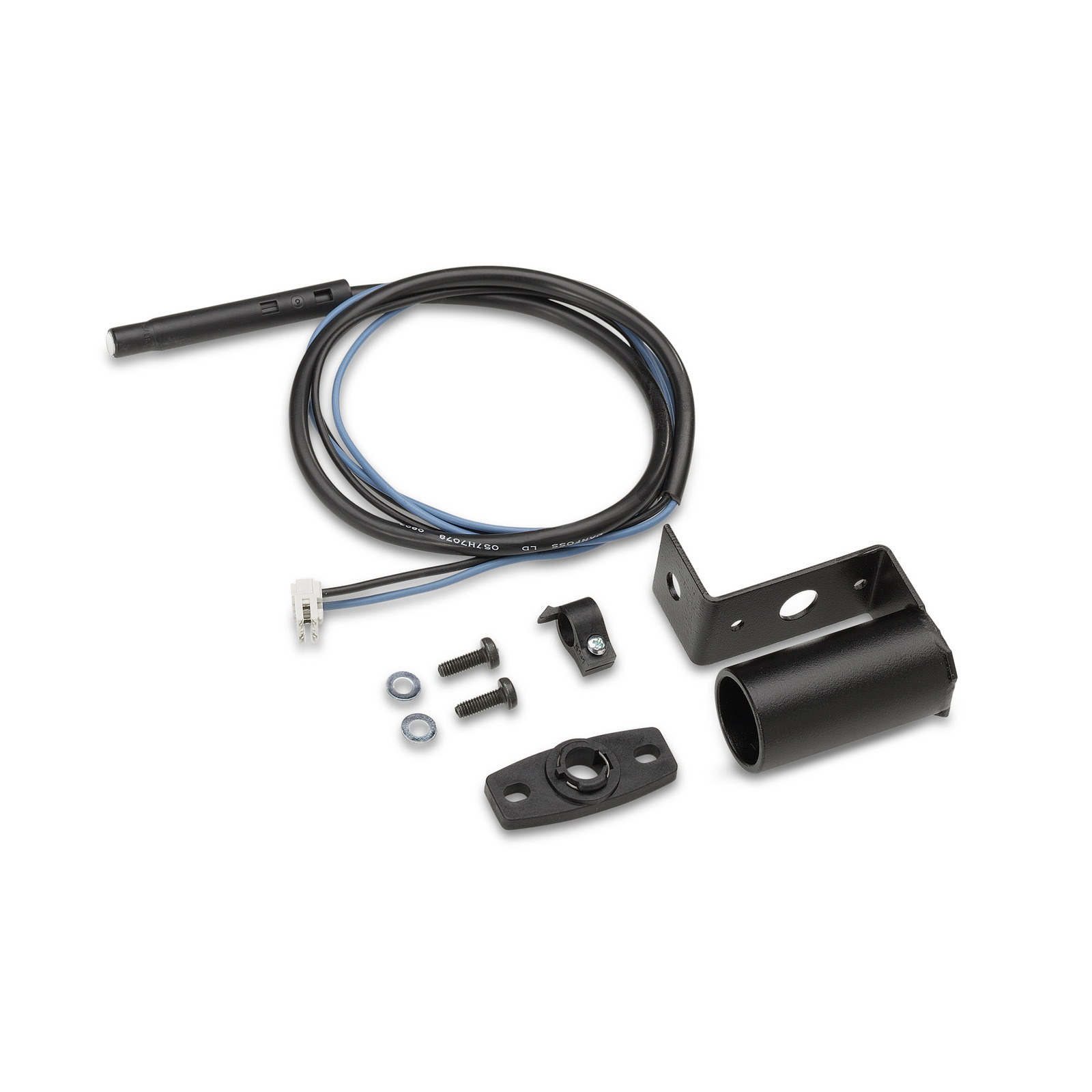Black cable assembly kit with connectors, screws, washers, and mounting brackets on a white background. Black cable assembly kit with connectors, screws, washers, and mounting brackets on a white background.