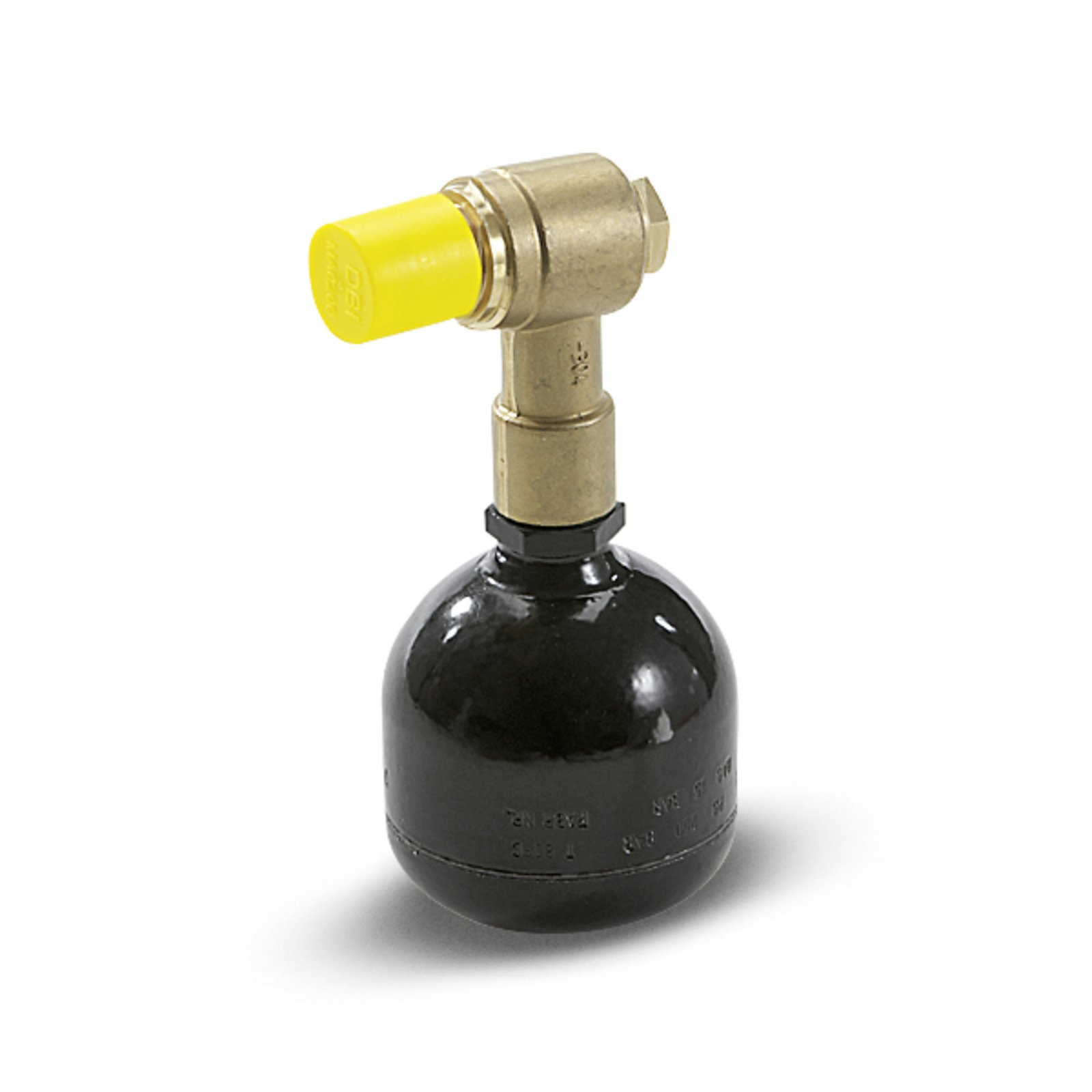Kärcher anti-drill safety valve with a brass connector and yellow cap, mounted on a black spherical base. Kärcher anti-drill safety valve with a brass connector and yellow cap, mounted on a black spherical base.
