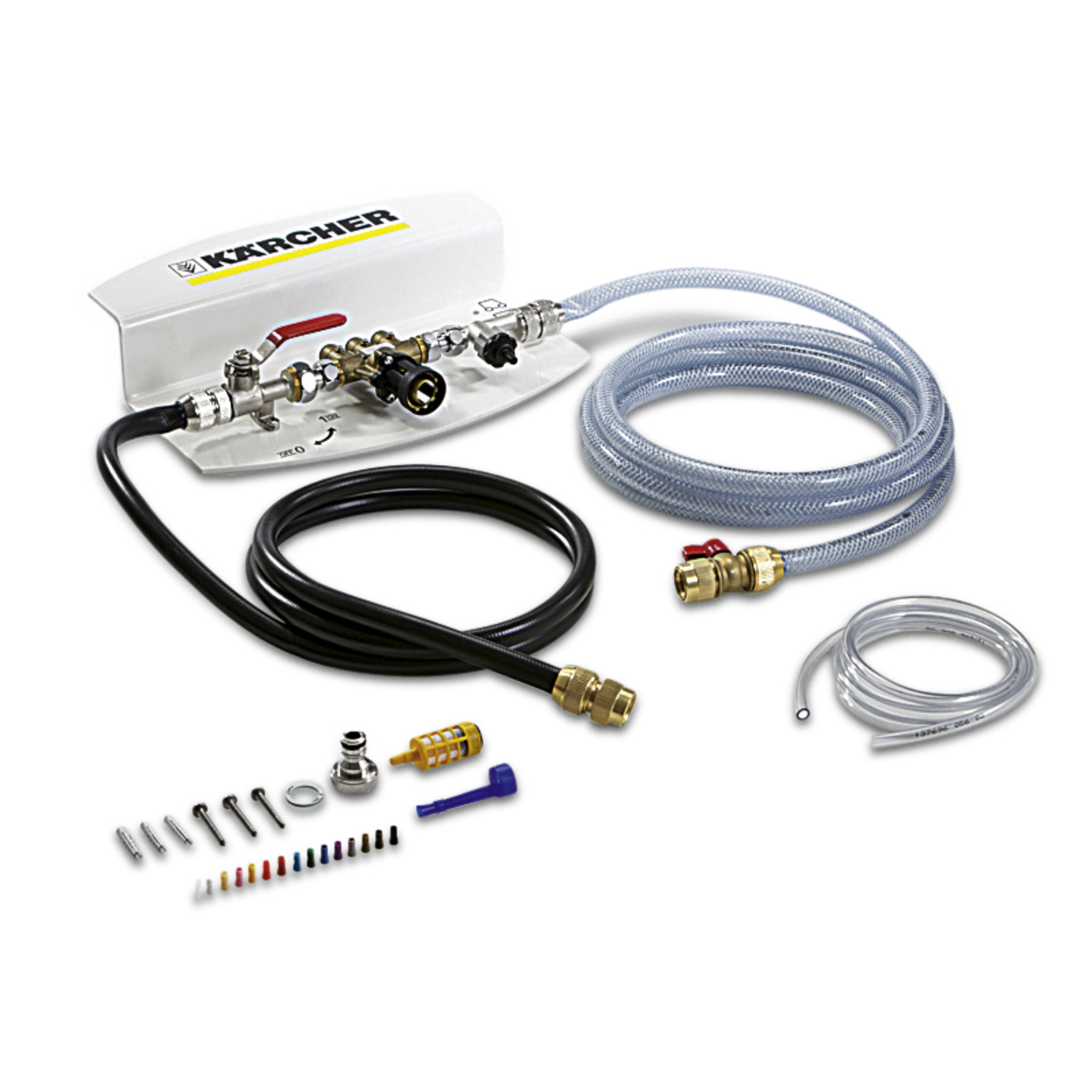 Kärcher pipe cleaning kit with hoses, fittings, and accessories arranged on a white surface.
