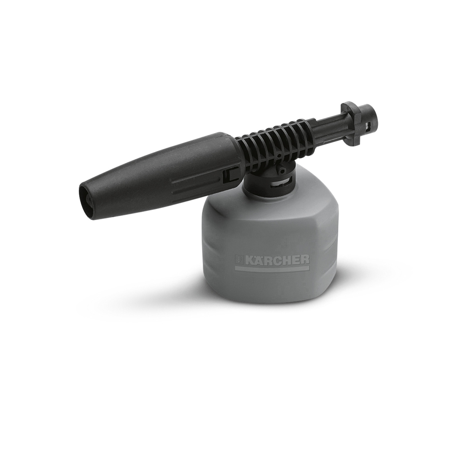 Kärcher foam nozzle with a black lance attached to a grey container, displaying the Kärcher logo. Kärcher foam nozzle with a black lance attached to a grey container, displaying the Kärcher logo.
