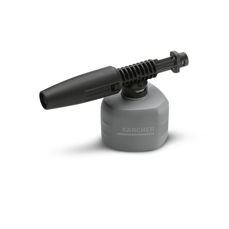 Kärcher foam nozzle with a black lance attached to a grey container, displaying the Kärcher logo.