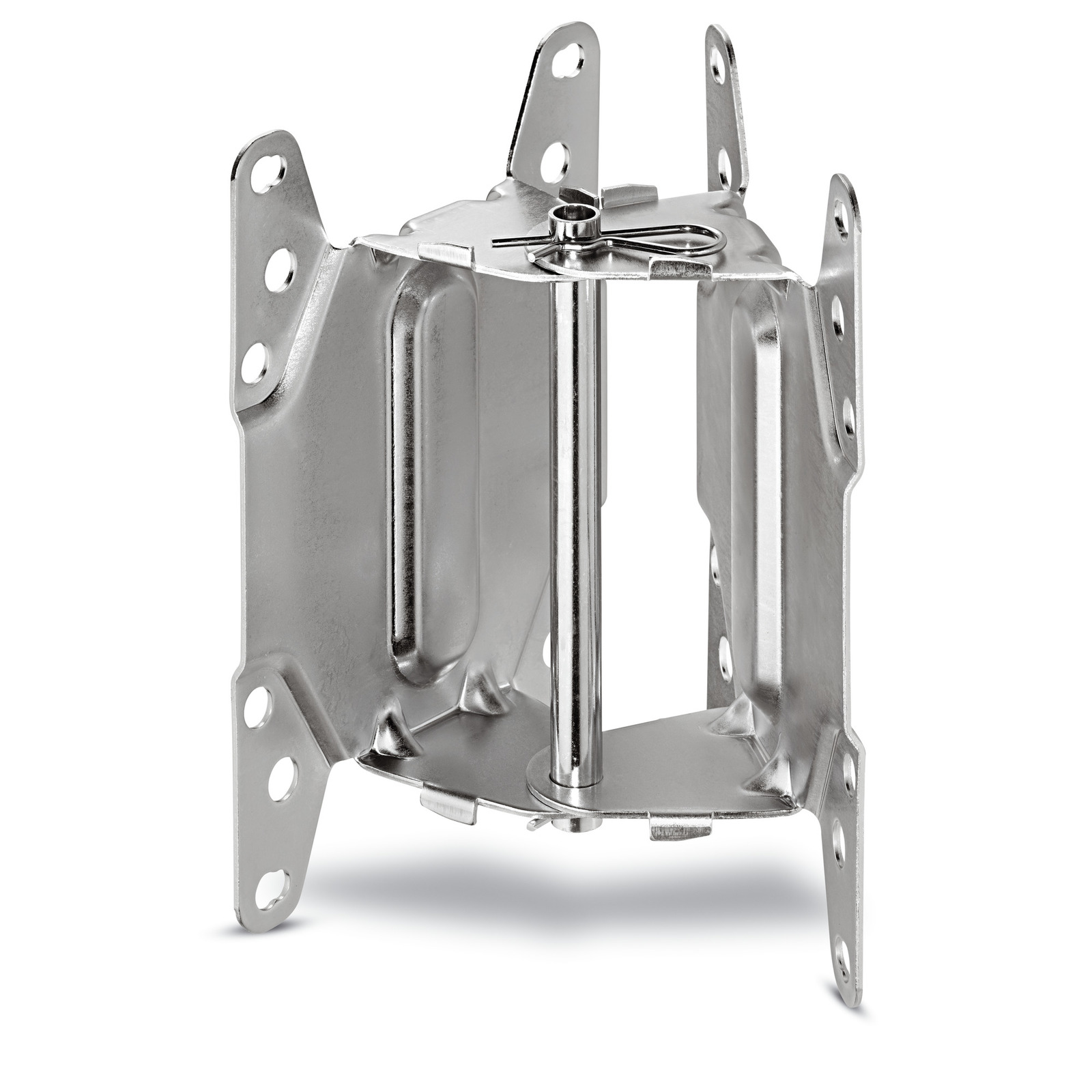 Metal mounting bracket with multiple holes and a central pin, designed for secure attachment.