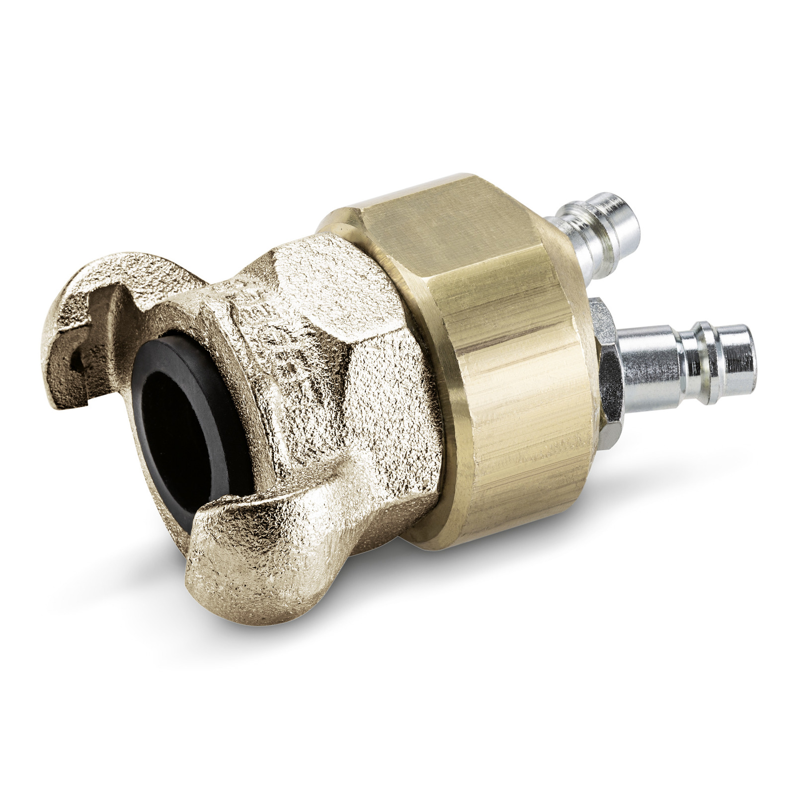Brass coupling with a grooved connector and rubber seal, featuring two metal nozzle attachments on a white background. Brass coupling with a grooved connector and rubber seal, featuring two metal nozzle attachments on a white background.