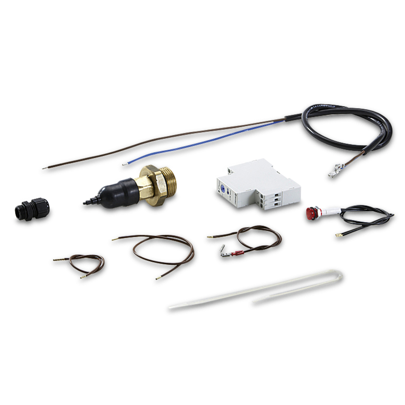 Various electronic components including wires, connectors, a circuit module, and a brass fitting arranged on a white background. Various electronic components including wires, connectors, a circuit module, and a brass fitting arranged on a white background.