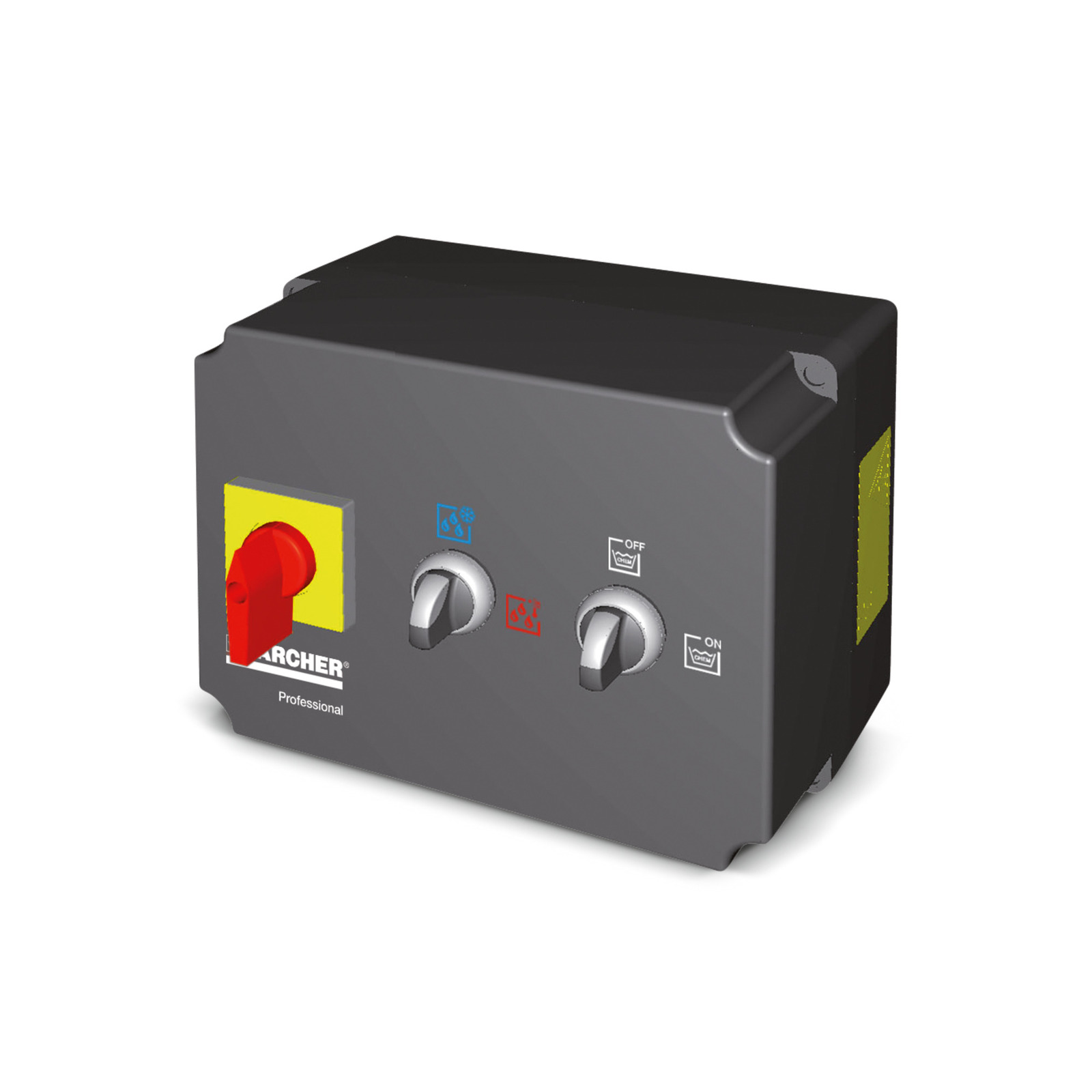 Kärcher control box with two dials and a red switch on a grey panel, labelled "Professional."