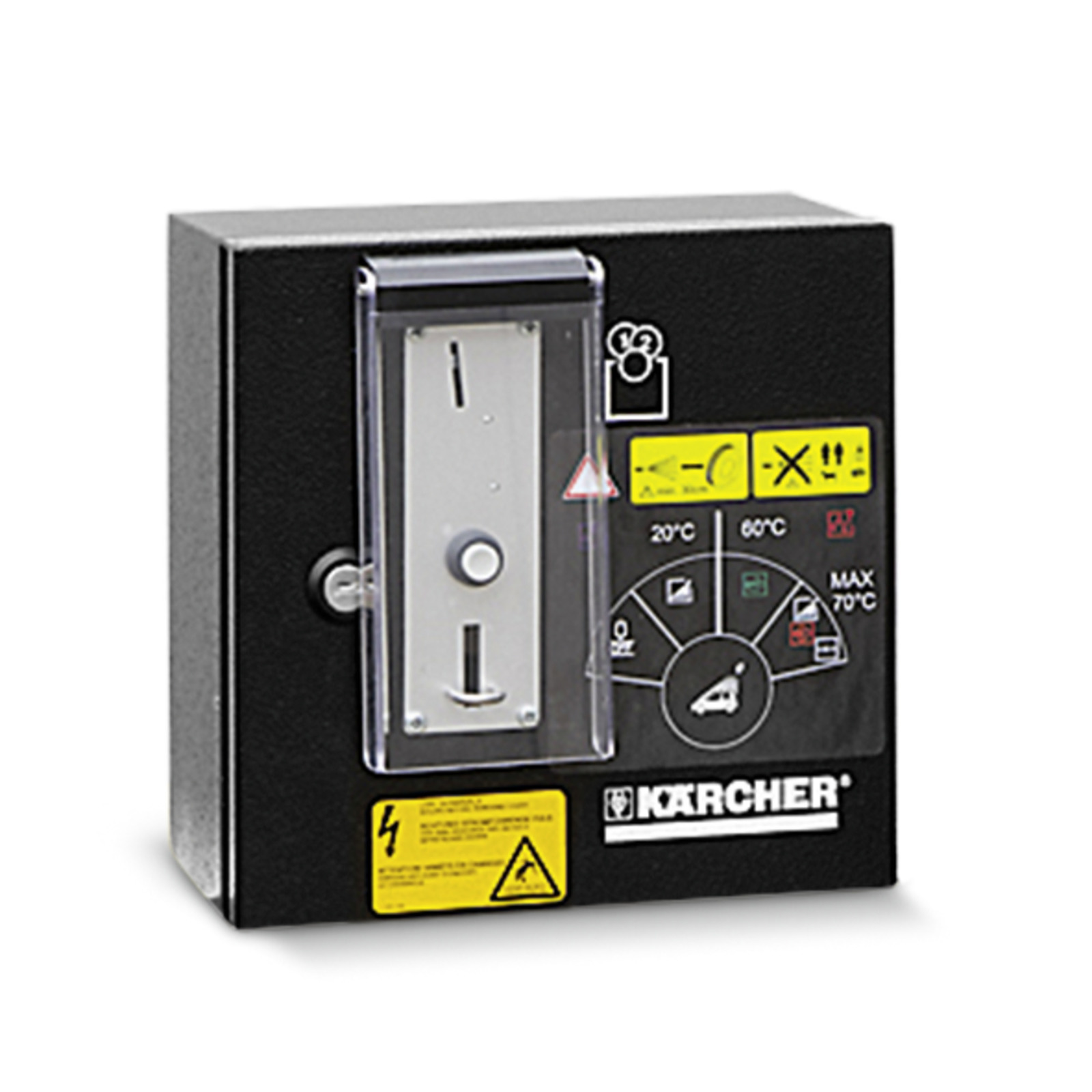 Kärcher control panel with temperature settings, warning symbols, and a dial under a transparent cover.