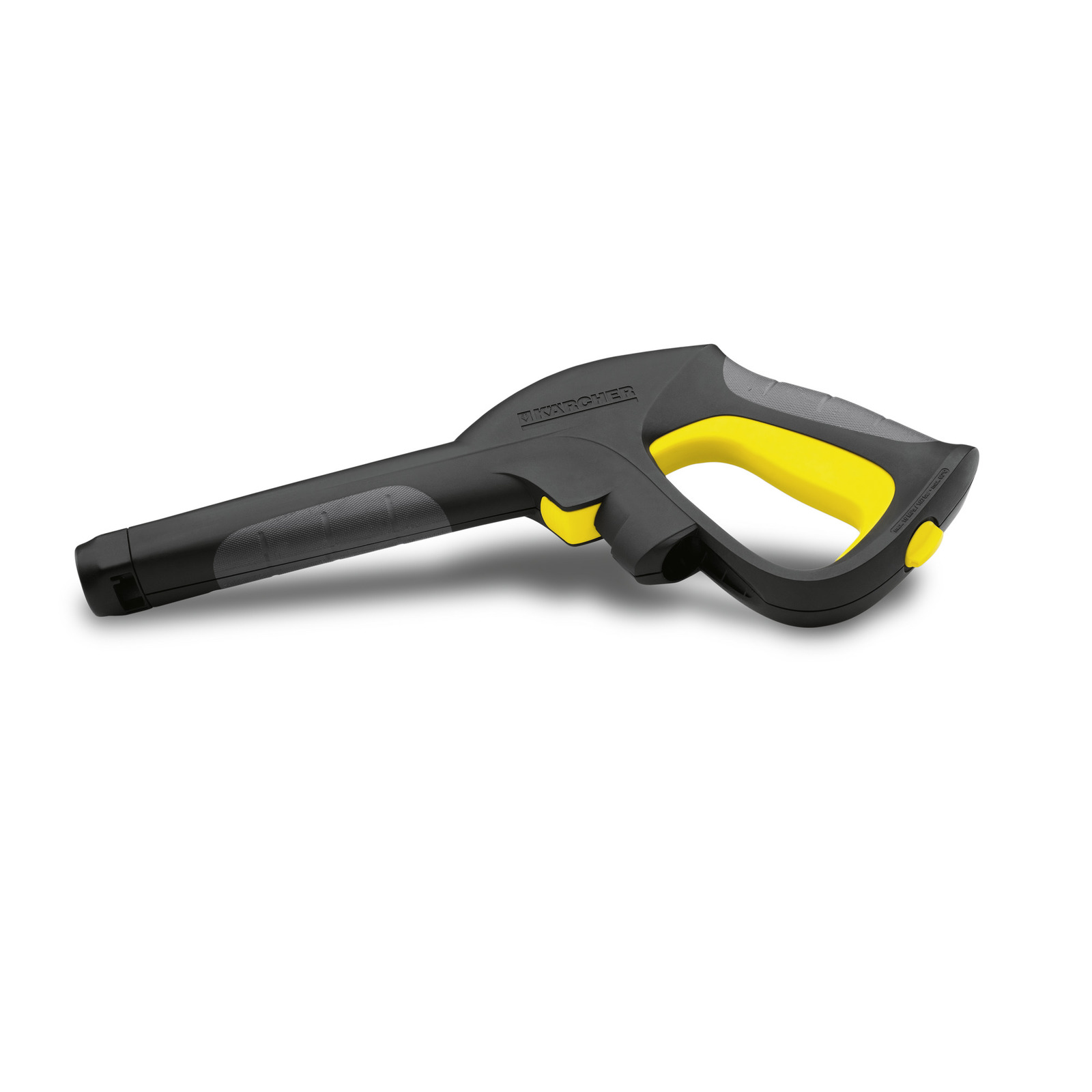 Black and yellow Kärcher high-pressure cleaner gun with ergonomic handle on white background.