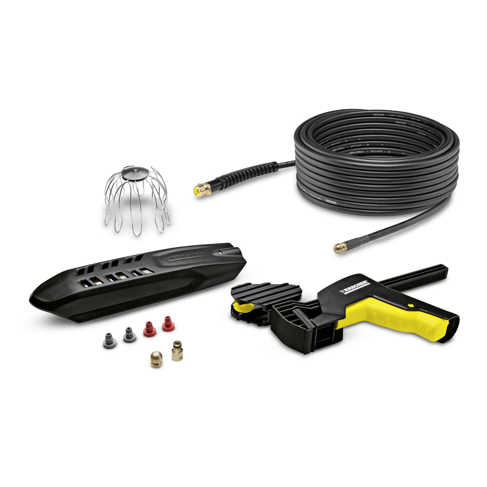 Kärcher pipe cleaning kit with hose, nozzle, claw attachment, and various connectors on a white background.