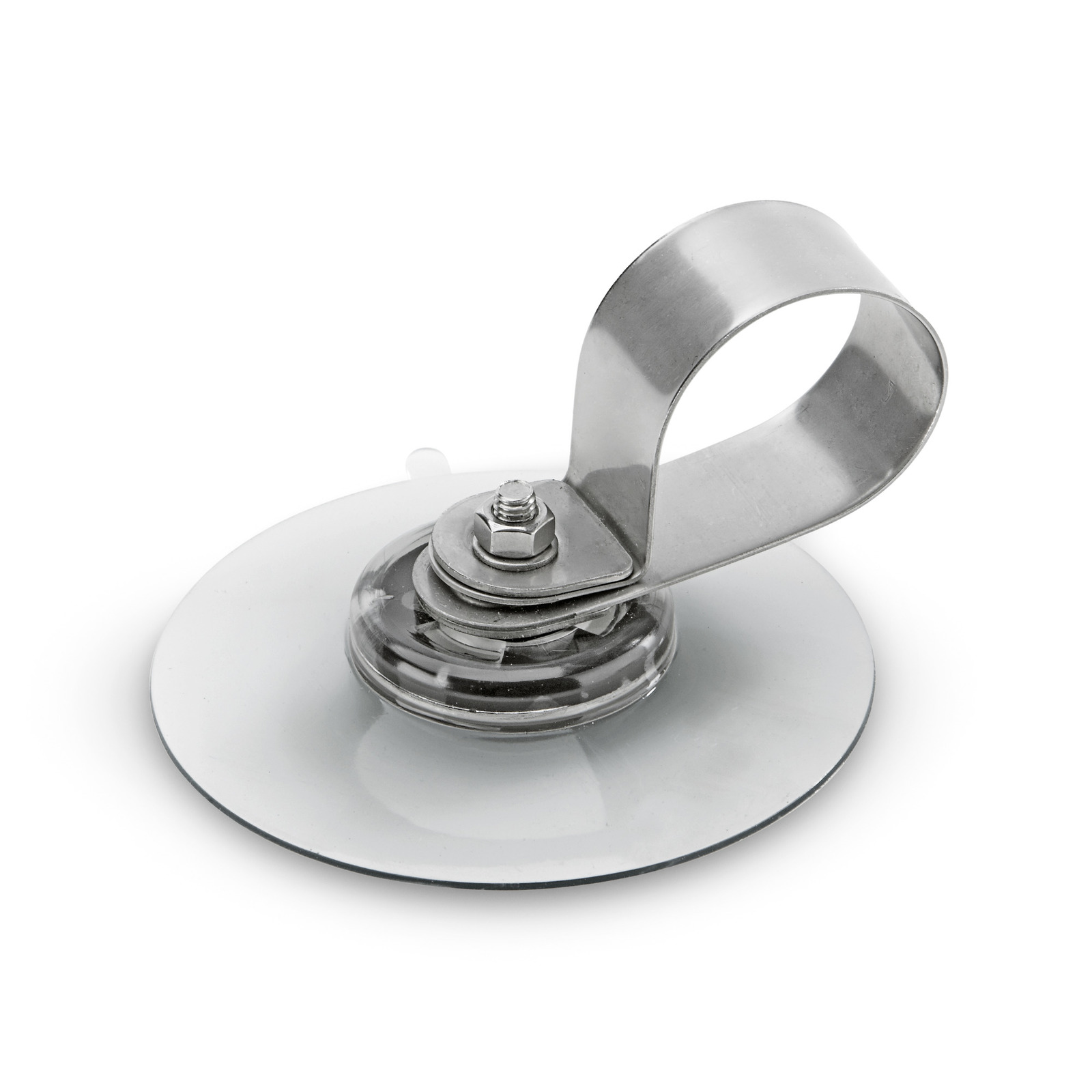 Metal suction cup with a loop handle, featuring a bolt and nut fastening on a white background.