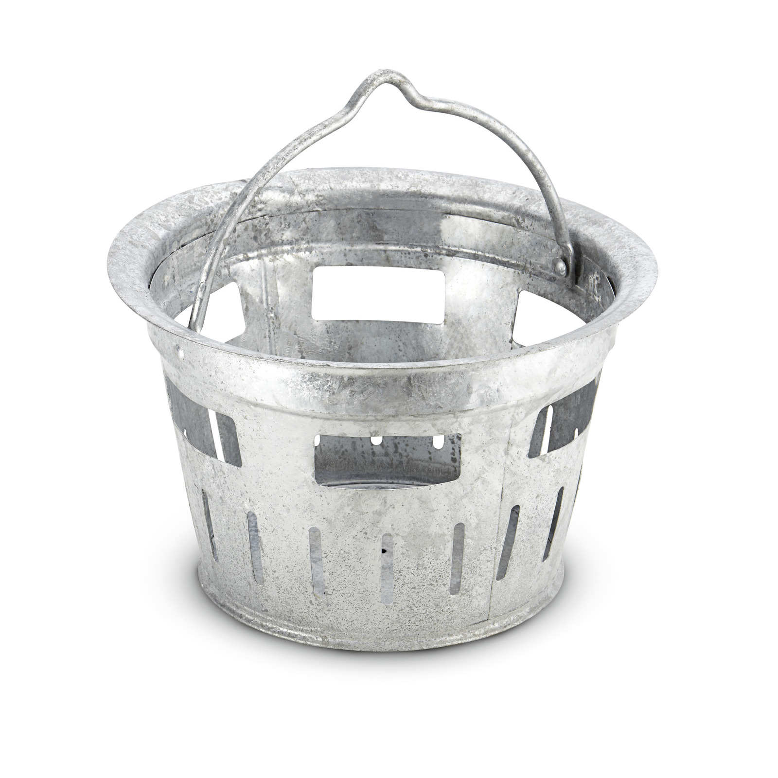 Galvanised metal basket with a curved handle, featuring rectangular cutouts around the sides and vertical slits at the base. Galvanised metal basket with a curved handle, featuring rectangular cutouts around the sides and vertical slits at the base.