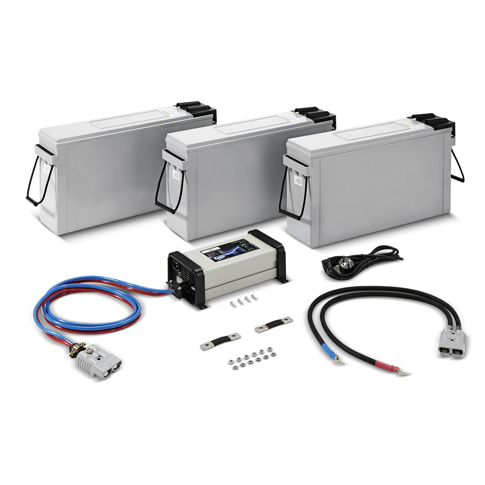 Three grey battery packs, a power inverter, cables, connectors, and screws arranged on a white background.
