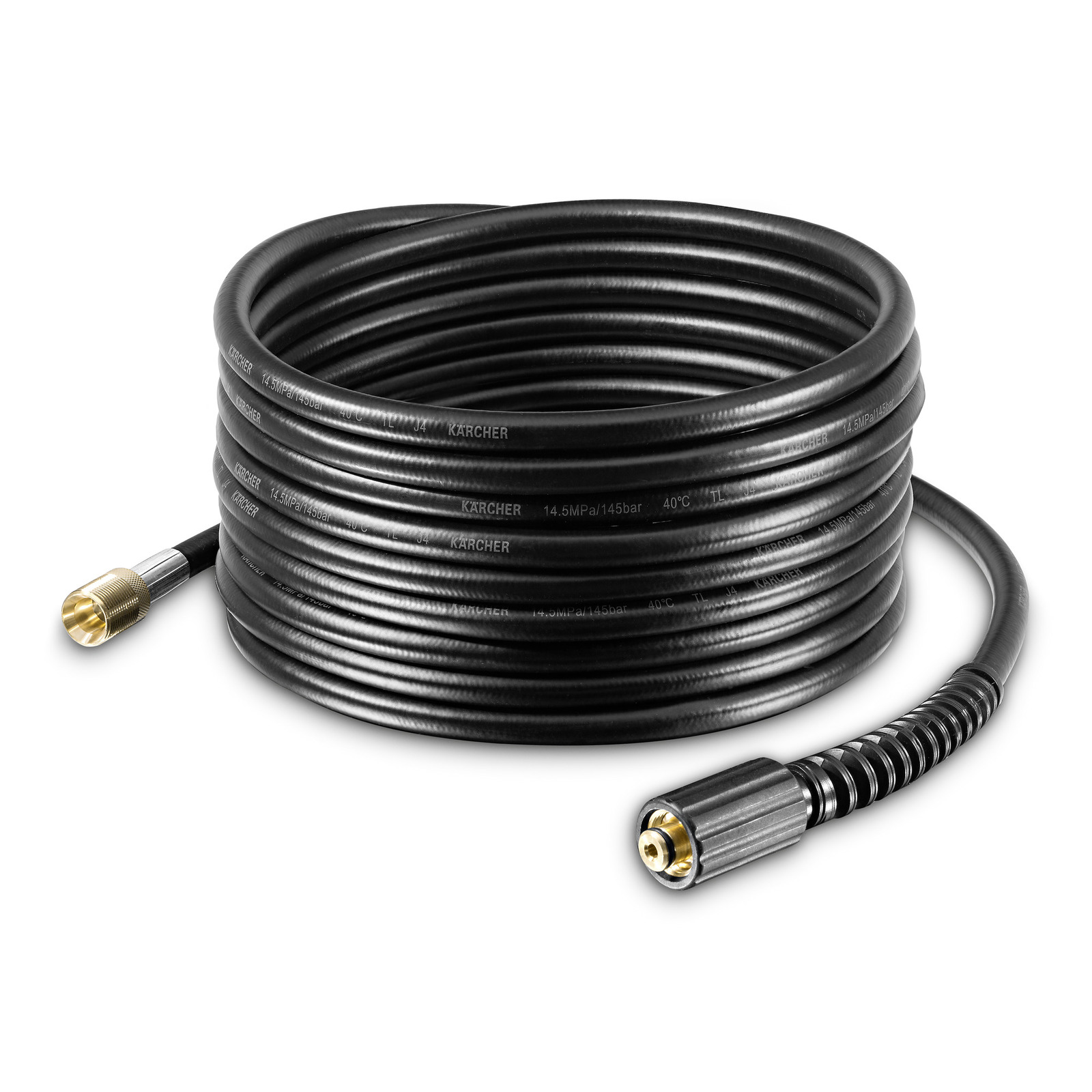 Coiled Kärcher high-pressure hose with brass connector, black colour, text detailing pressure specifications visible.