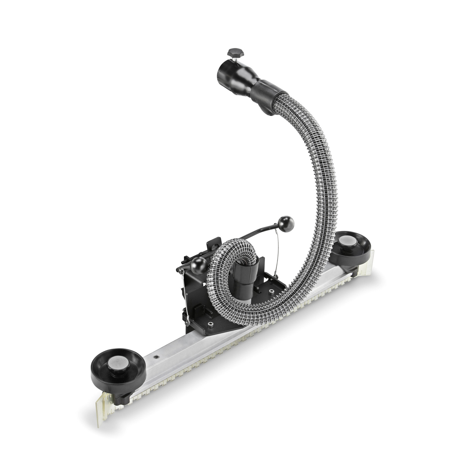 Kärcher vacuum cleaner accessory with a flexible hose and two wheels on a metal bar, isolated on a white background. Kärcher vacuum cleaner accessory with a flexible hose and two wheels on a metal bar, isolated on a white background.