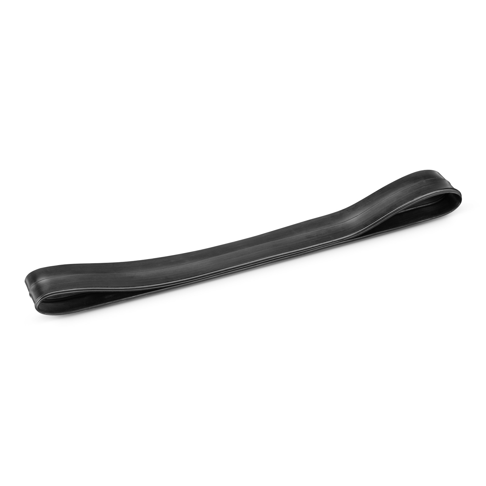 Looped black rubber tube on a plain white background, photographed indoors. Looped black rubber tube on a plain white background, photographed indoors.