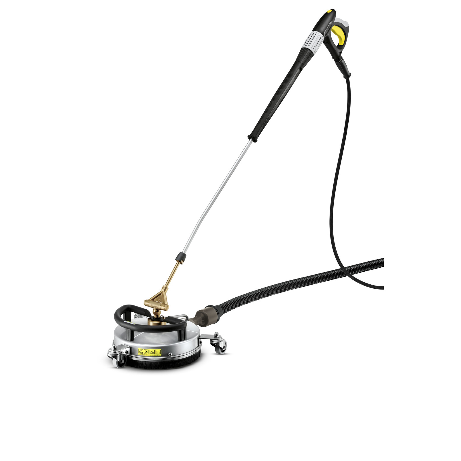 Kärcher high-pressure cleaner with a circular brush attachment and long handle, featuring a hose connection.