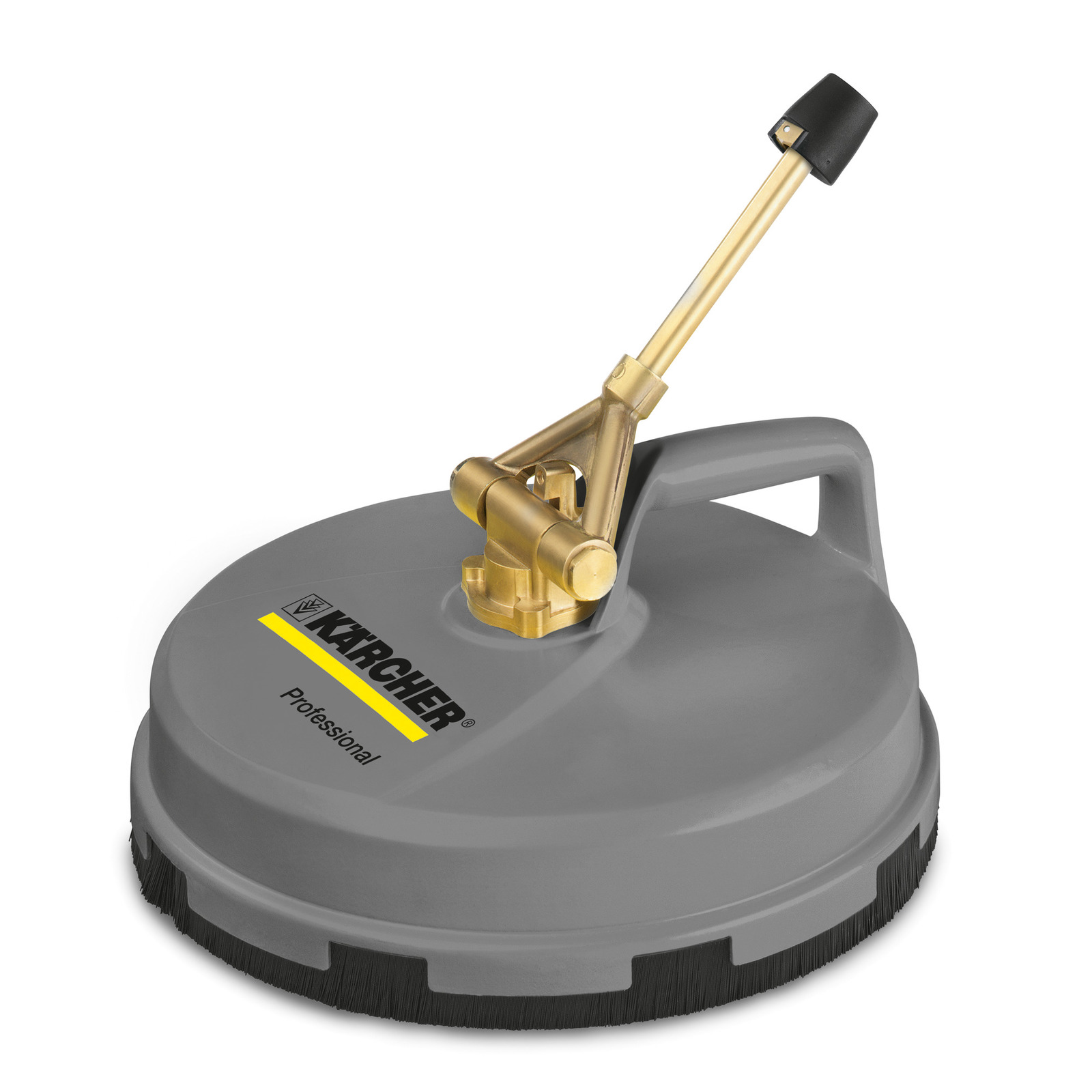 Grey Kärcher surface cleaner with a brass handle and black bristles, featuring the Kärcher logo and "Professional" label. Grey Kärcher surface cleaner with a brass handle and black bristles, featuring the Kärcher logo and "Professional" label.