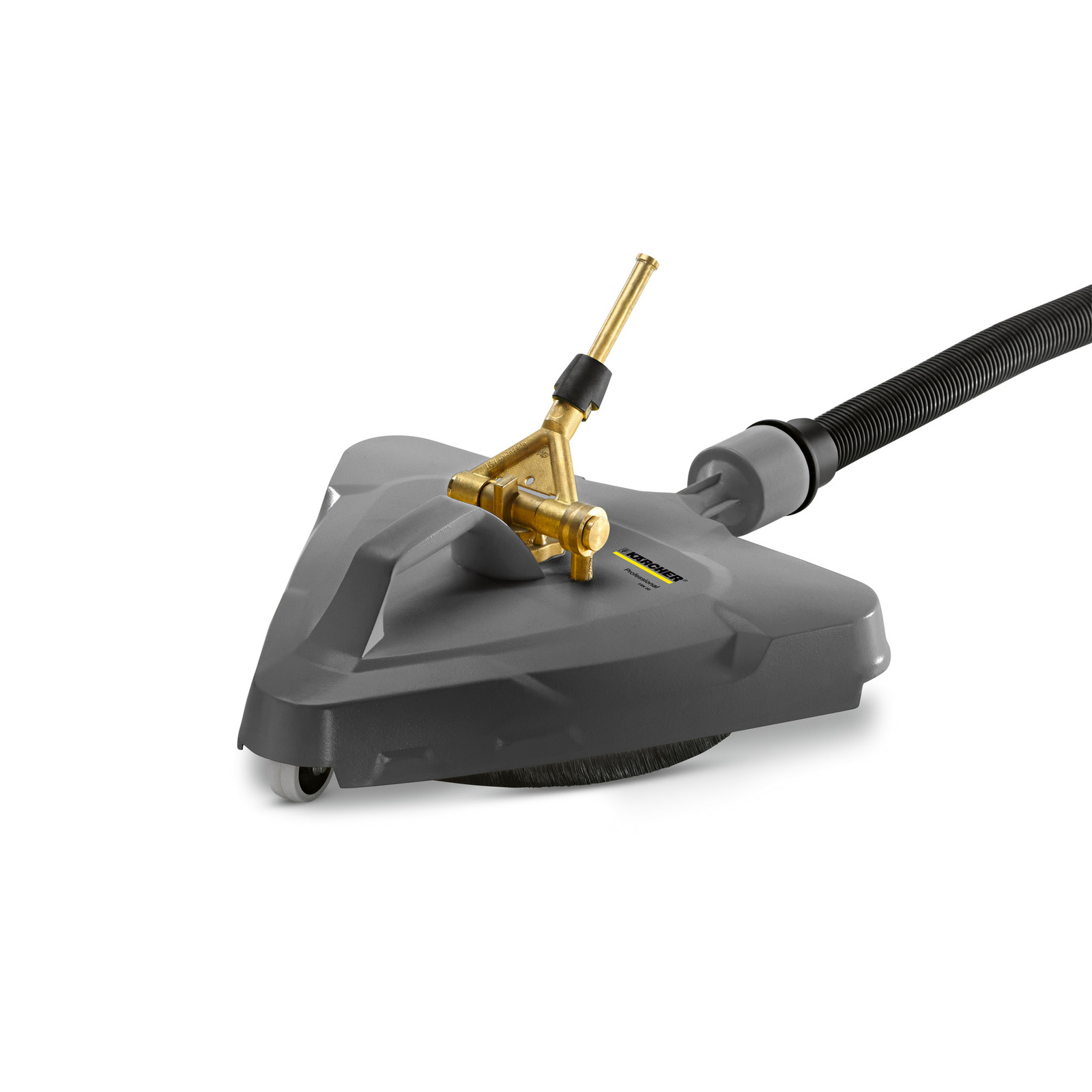 Kärcher surface cleaner with a triangular grey body, brass nozzle, and attached hose.