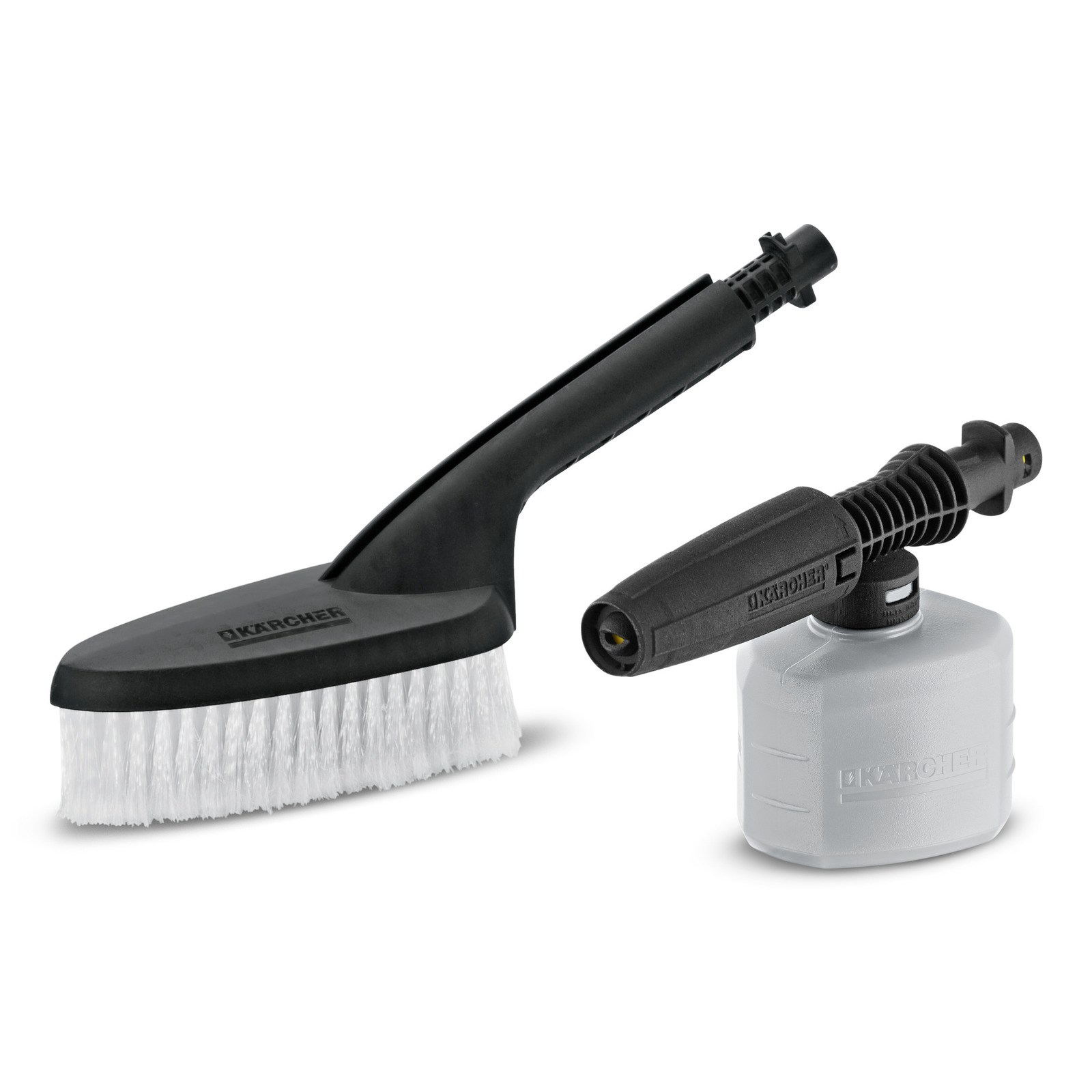 Kärcher wash brush with white bristles and Kärcher foam nozzle with a white container, both in black plastic. Kärcher wash brush with white bristles and Kärcher foam nozzle with a white container, both in black plastic.