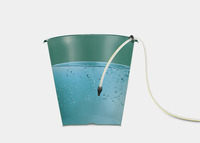 Green bucket filled with water, connected to a white hose with a black nozzle.