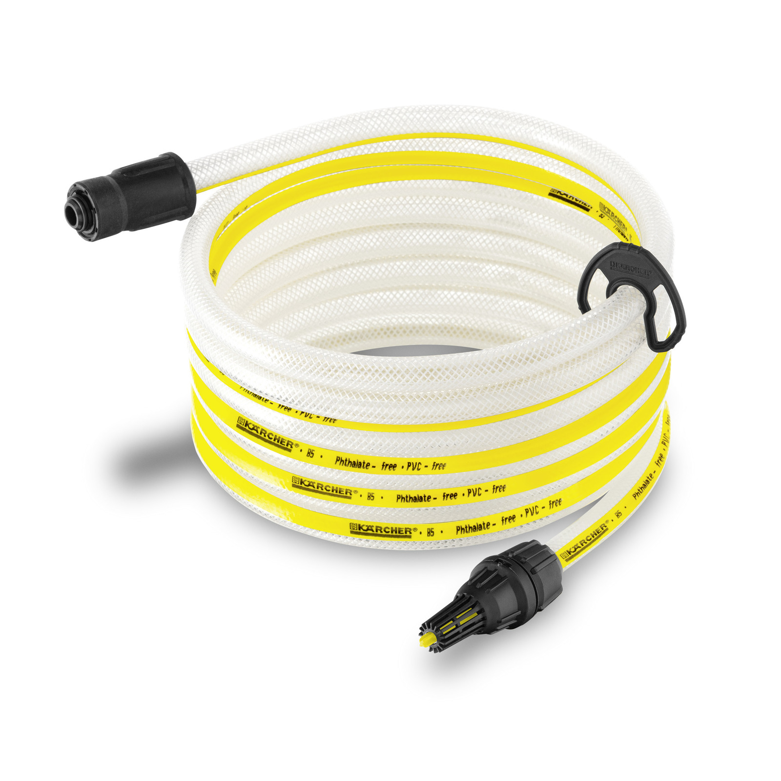 Coiled Kärcher garden hose with yellow stripes and black connectors, labelled phthalate-free PVC.