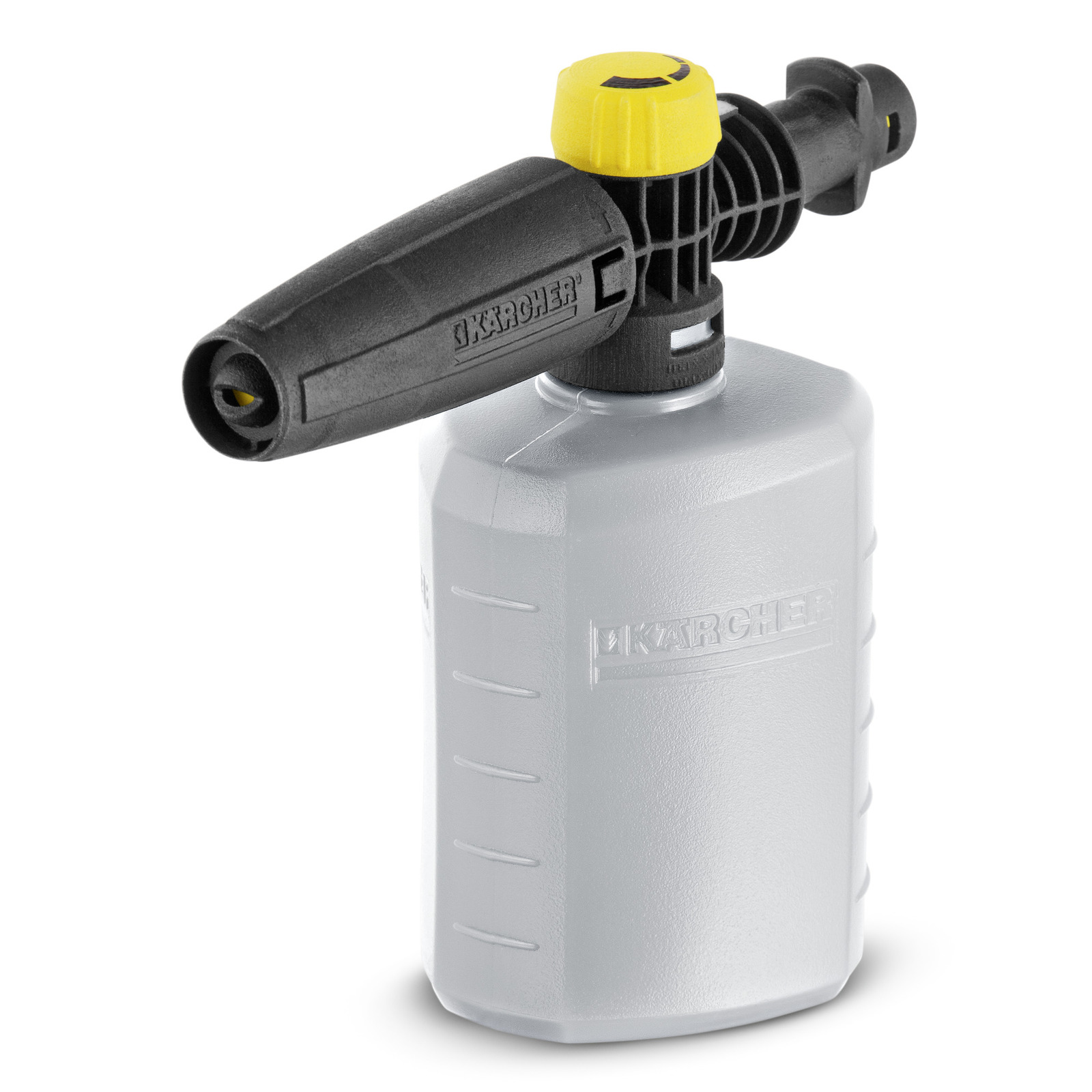 Kärcher foam nozzle with a black spray head and yellow cap, attached to a grey detergent bottle.
