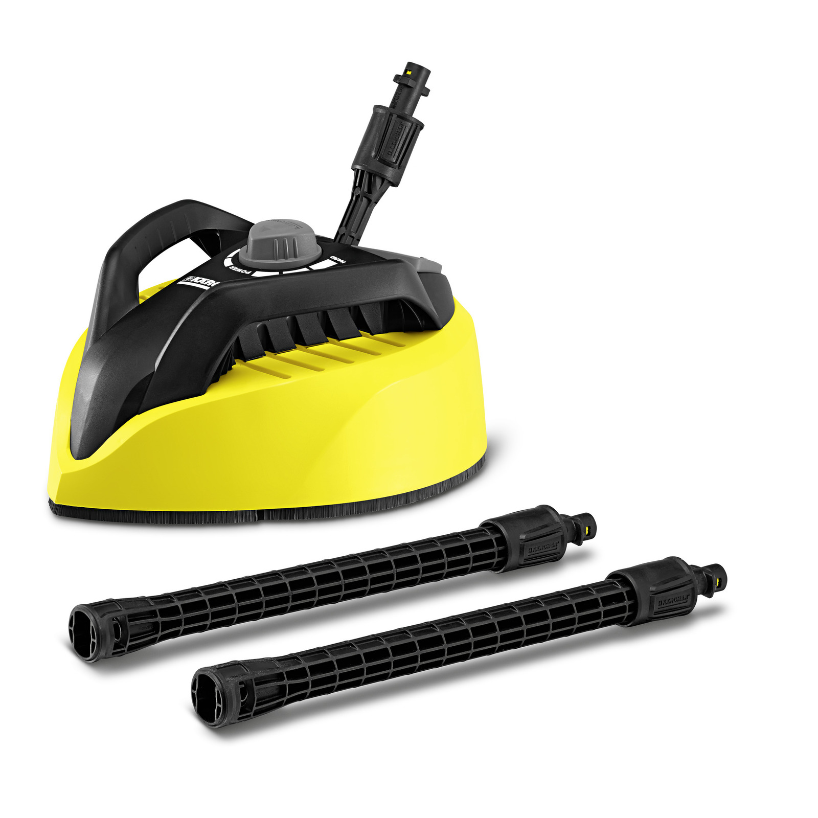 Kärcher surface cleaner with two black extension tubes, featuring a yellow and black design.