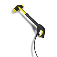 Kärcher high-pressure cleaner with a yellow and black handle, angled brush head, and attached cord.