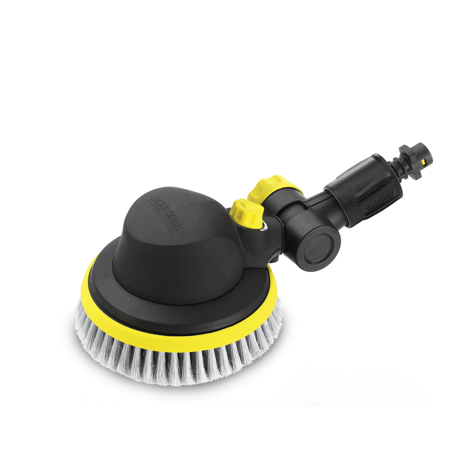 Kärcher rotating wash brush with black and yellow casing, white bristles, and attachment connector.