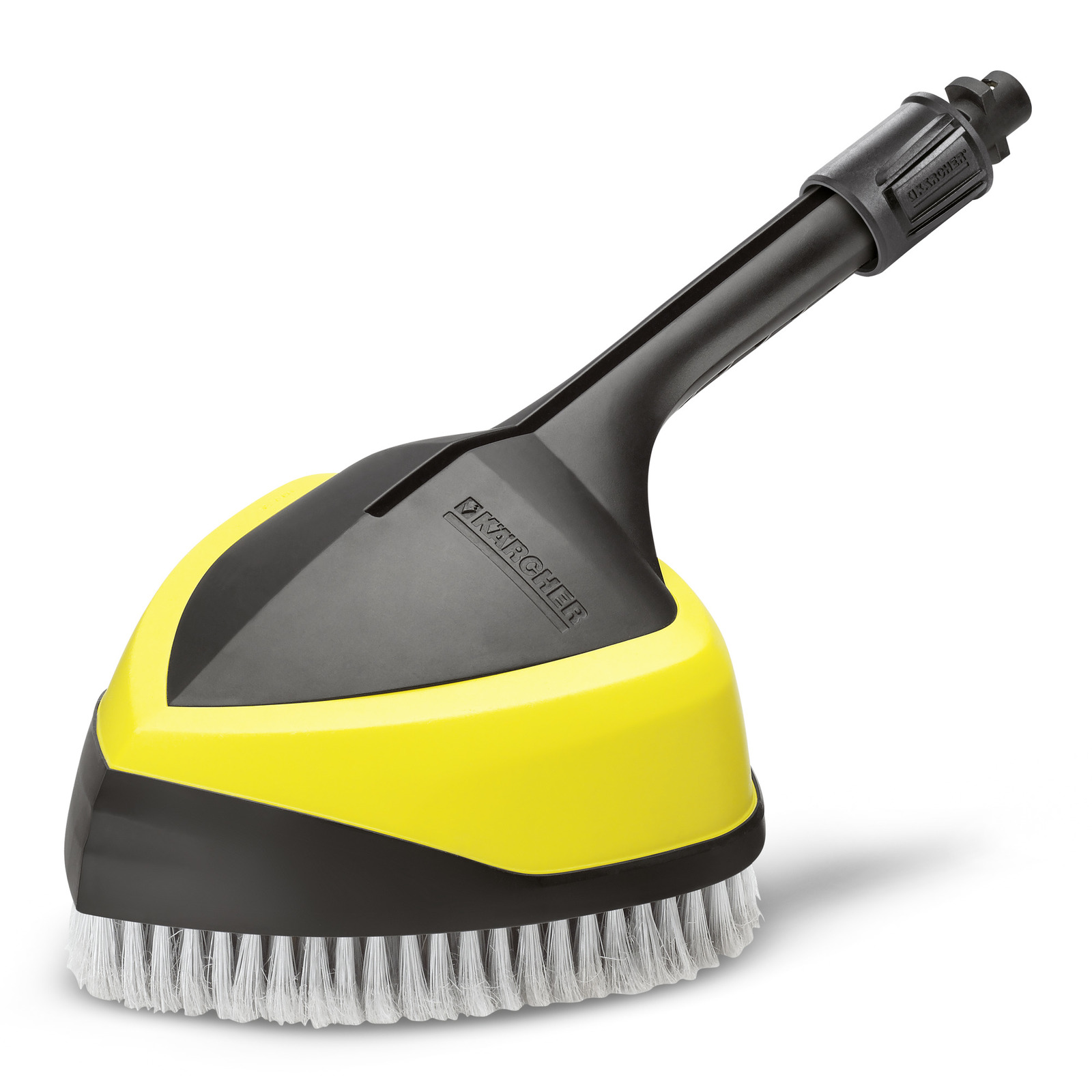 Kärcher yellow and black rotating wash brush with white bristles and a black handle. Kärcher yellow and black rotating wash brush with white bristles and a black handle.
