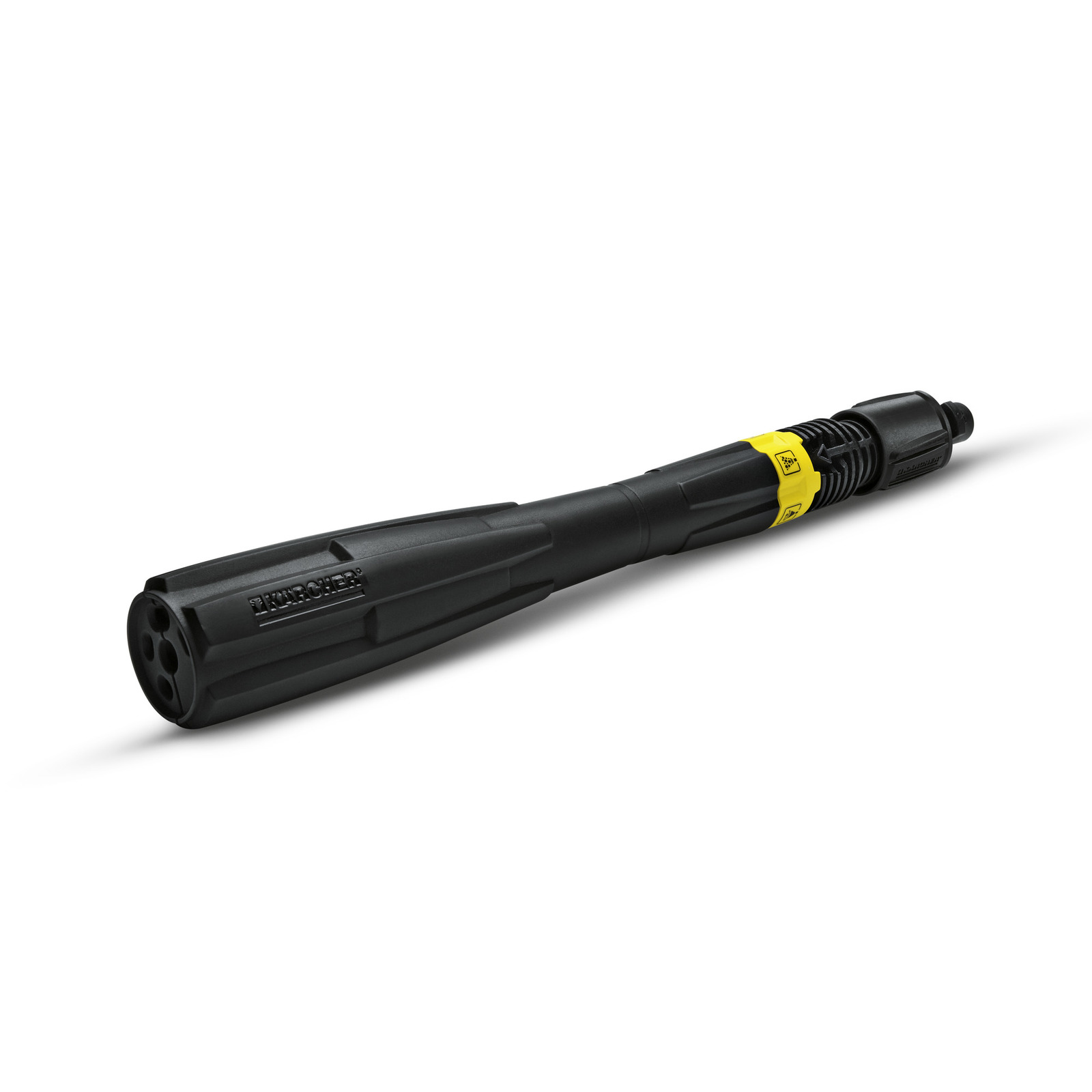 Kärcher high-pressure cleaner nozzle with black and yellow design, featuring multiple spray settings. Kärcher high-pressure cleaner nozzle with black and yellow design, featuring multiple spray settings.