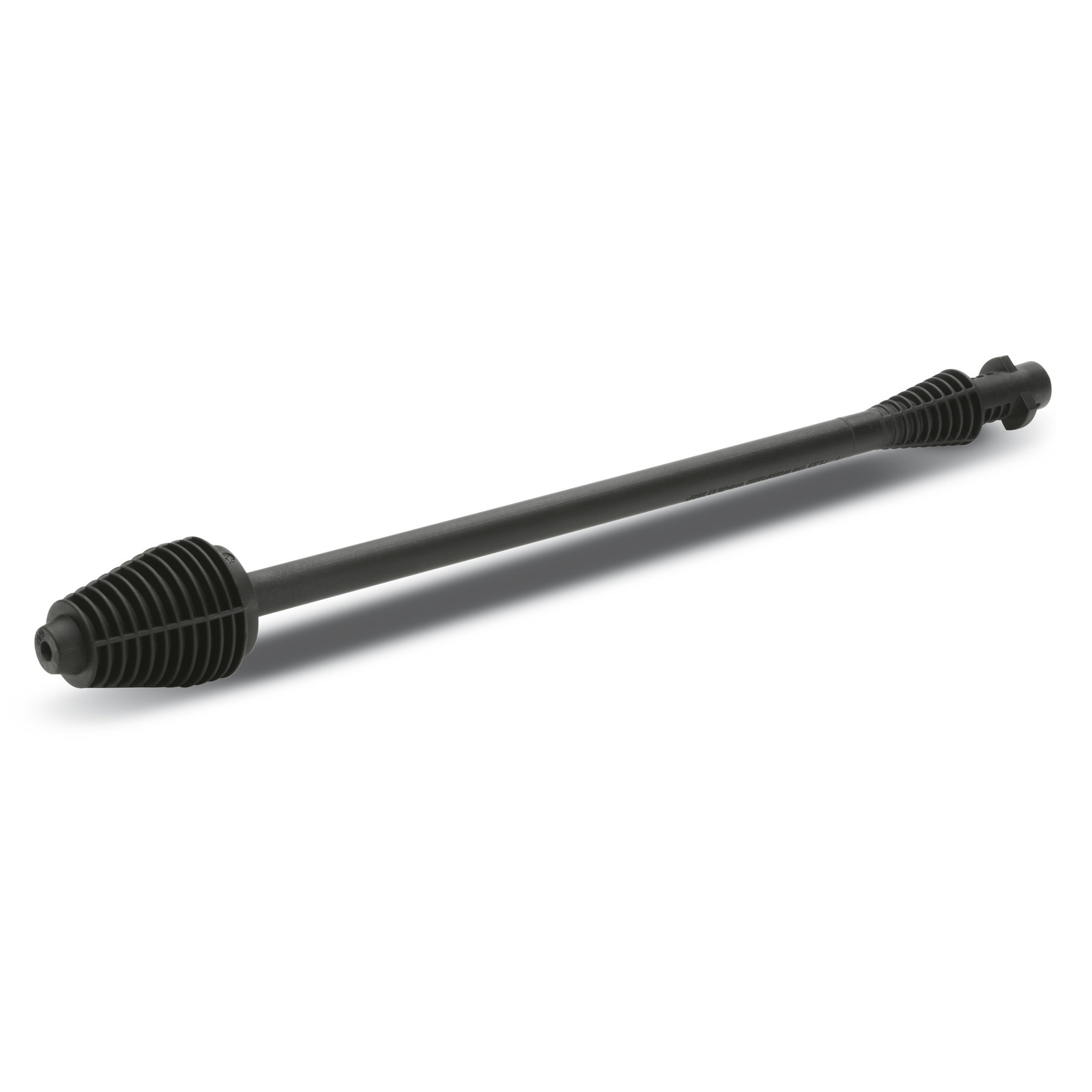 Black Kärcher high-pressure cleaner lance with ribbed nozzle ends, angled view on white background. Black Kärcher high-pressure cleaner lance with ribbed nozzle ends, angled view on white background.
