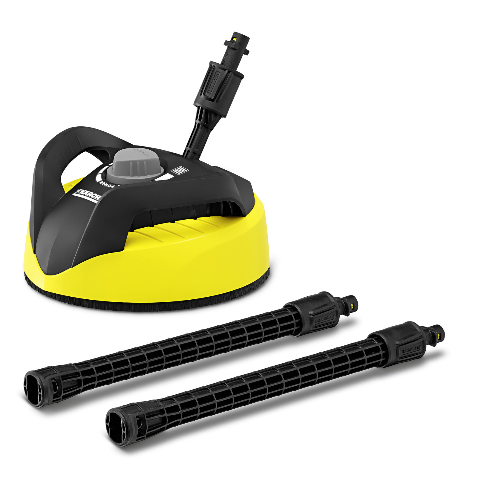 Kärcher surface cleaner with two extension tubes, featuring a yellow and black design on a white background. Kärcher surface cleaner with two extension tubes, featuring a yellow and black design on a white background.