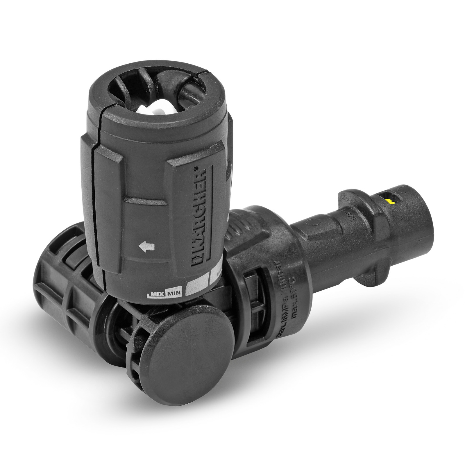 Kärcher high-pressure cleaner accessory with adjustable nozzle, black plastic, featuring directional arrow and mix/min settings.