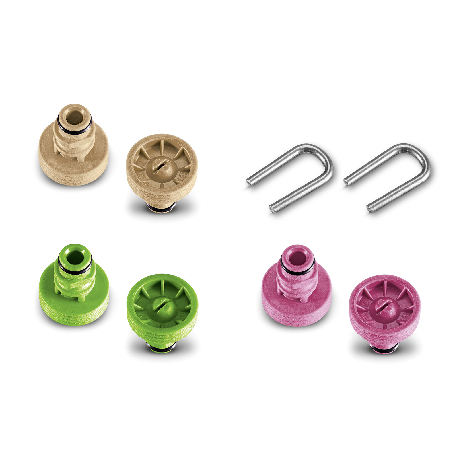 Six nozzle heads in beige, green, and pink, with two U-shaped metal pins on a white background.