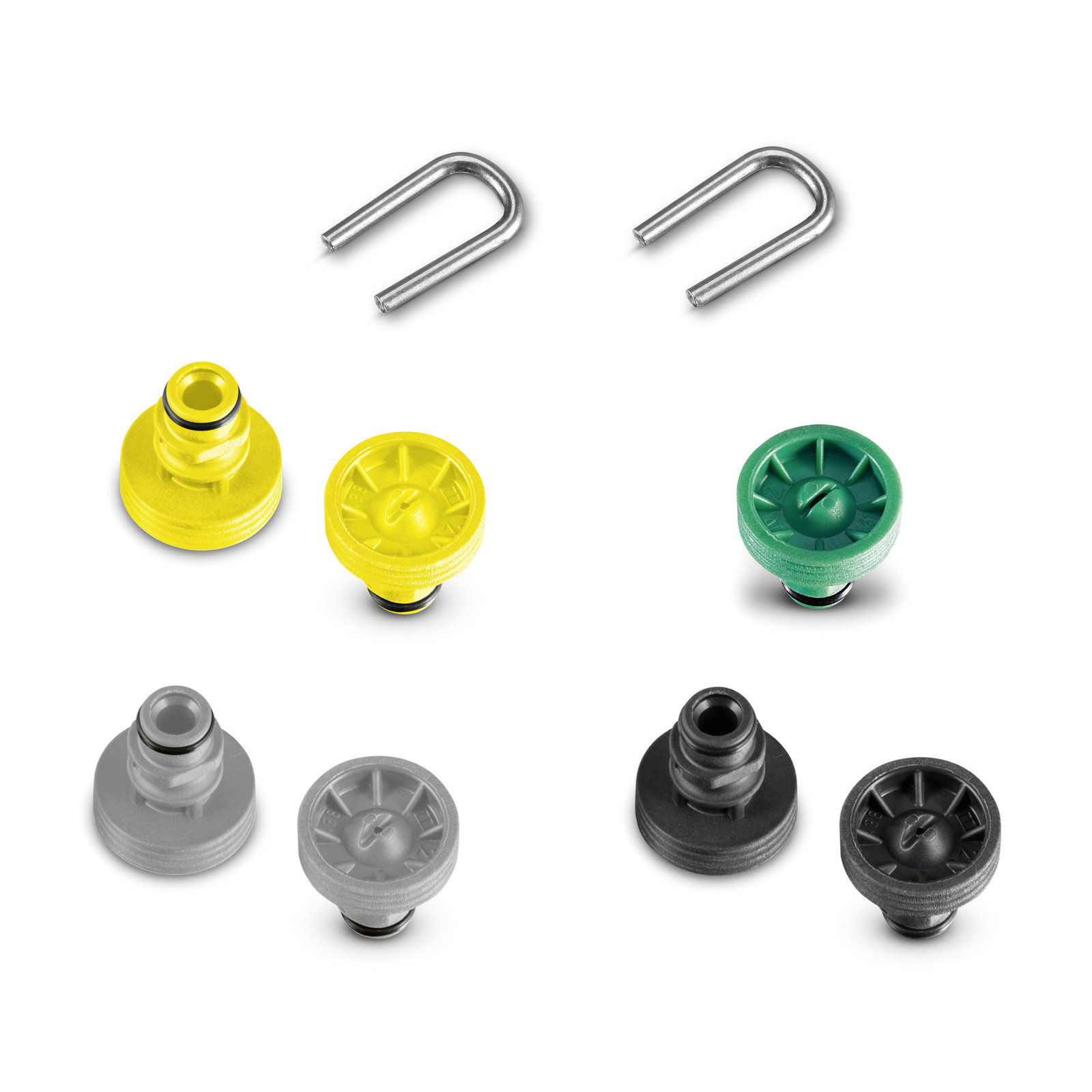 Four pairs of coloured nozzles, yellow, green, grey, and black, with matching caps, and two metal U-shaped clips.