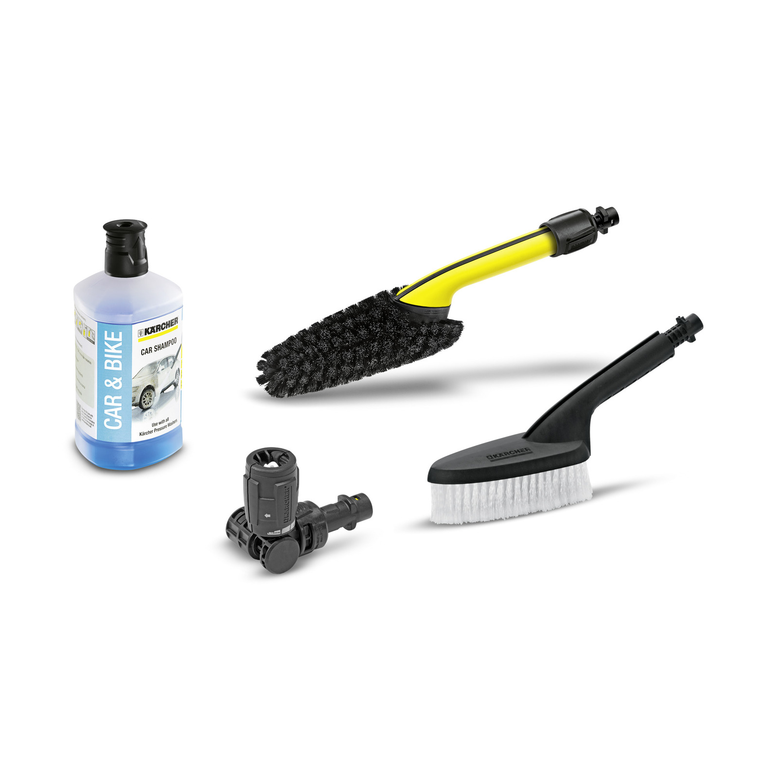 Kärcher car shampoo bottle, wheel brush, white bristle brush, and nozzle attachment on white background.
