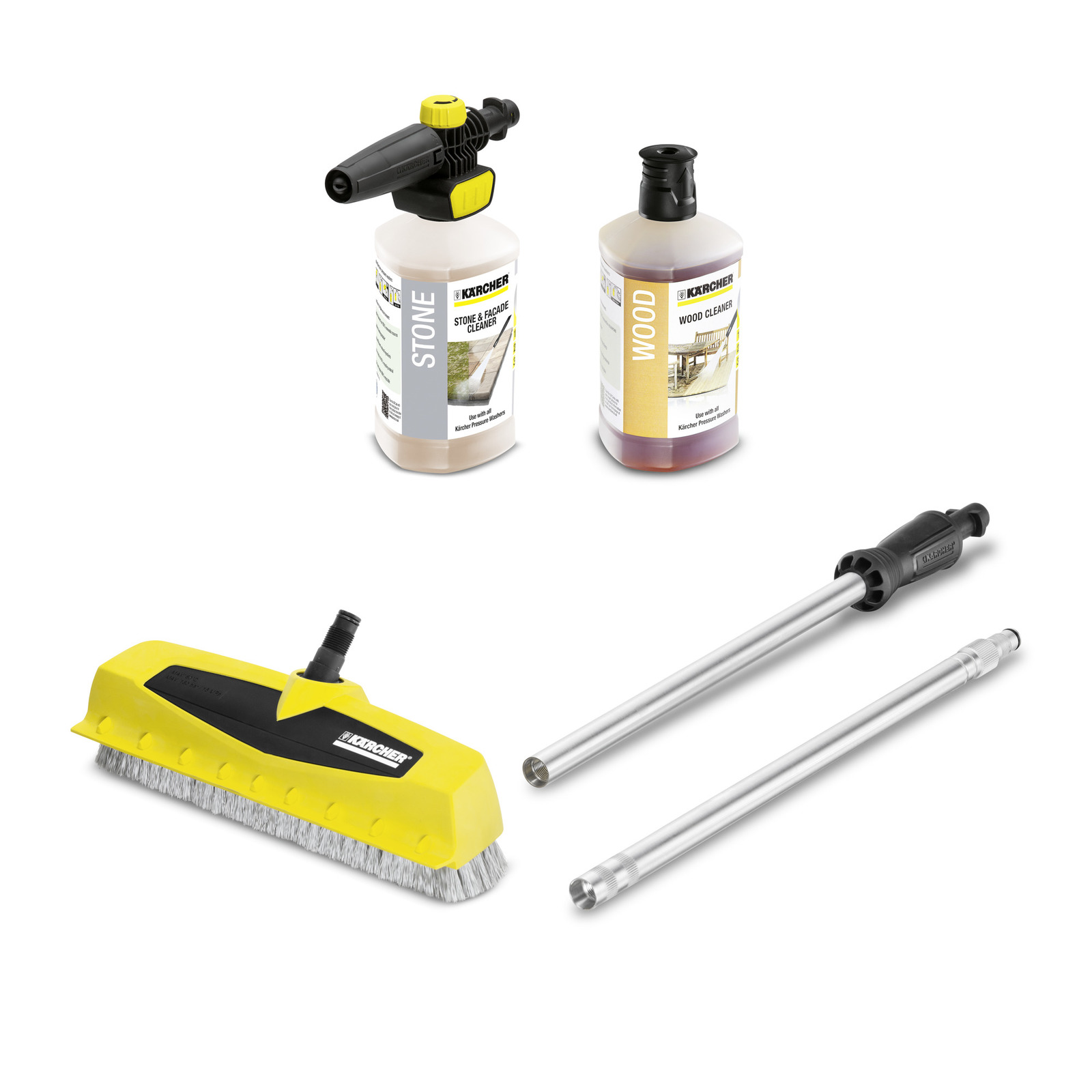 Kärcher cleaning kit with stone and wood cleaners, yellow brush head, and two metal extension tubes. Kärcher cleaning kit with stone and wood cleaners, yellow brush head, and two metal extension tubes.