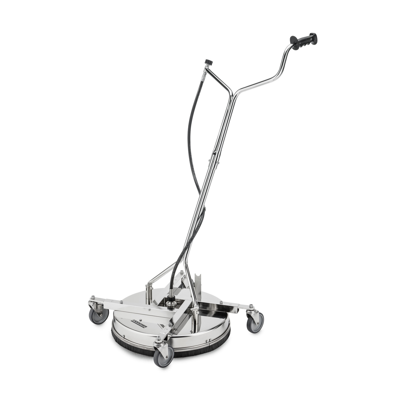 Kärcher surface cleaner with a circular base, metal handle, and four wheels on a white background.