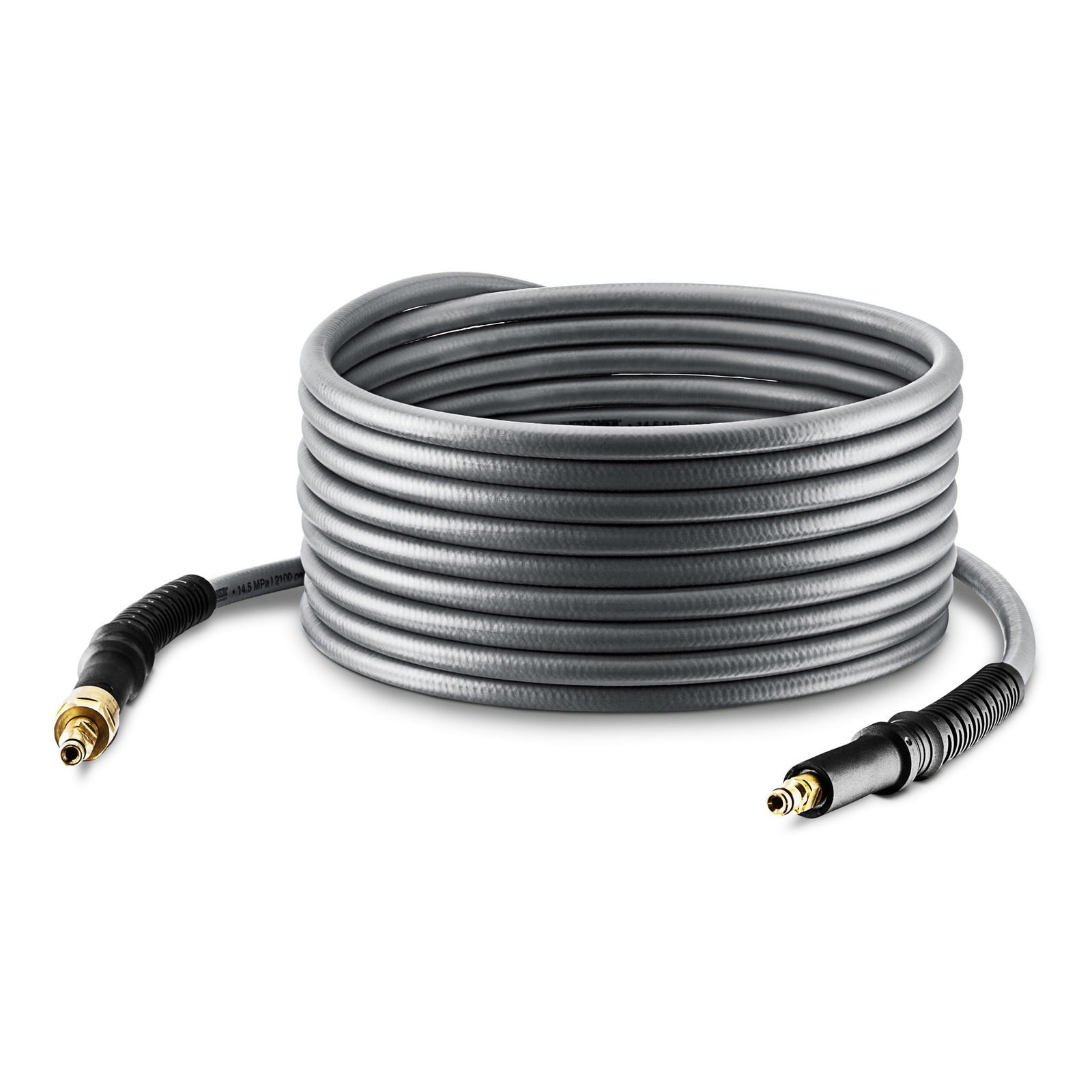 Coiled grey Kärcher high-pressure hose with black and gold connectors on each end. Coiled grey Kärcher high-pressure hose with black and gold connectors on each end.