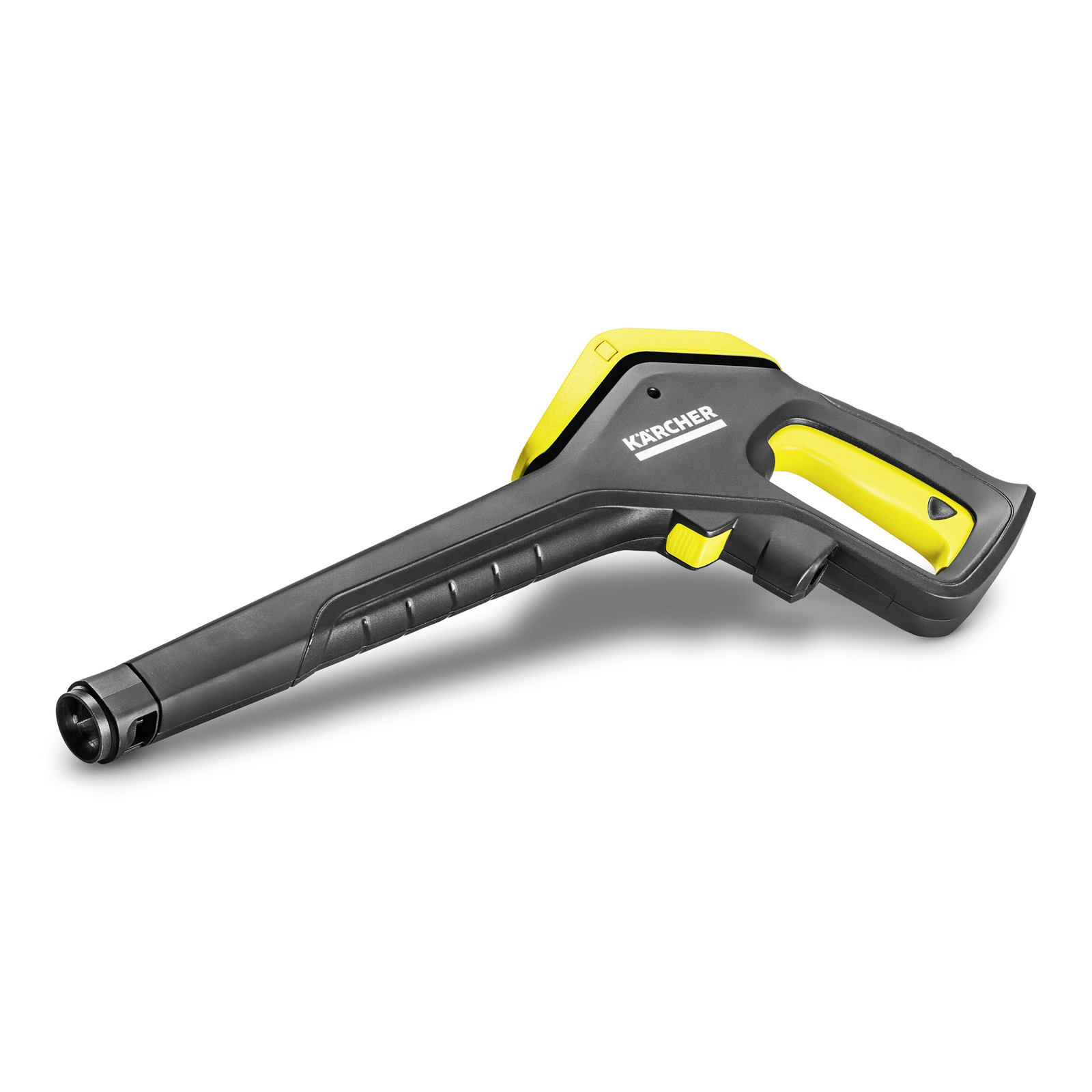 Kärcher high-pressure cleaner trigger gun with black and yellow design, featuring a textured grip and a prominent logo. Kärcher high-pressure cleaner trigger gun with black and yellow design, featuring a textured grip and a prominent logo.