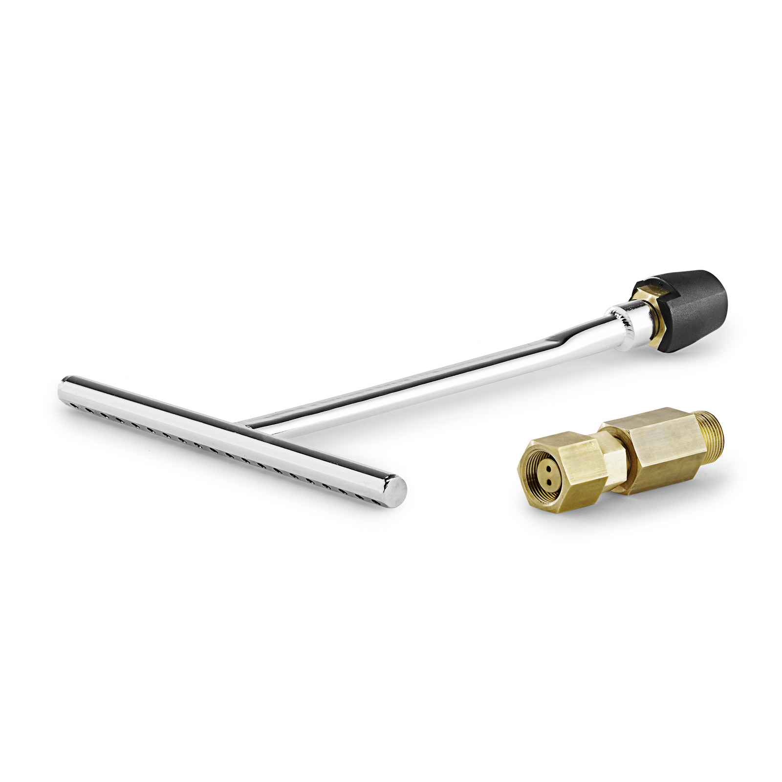 Duza de spumare Kärcher din metal și conector de alamă pe fundal alb.