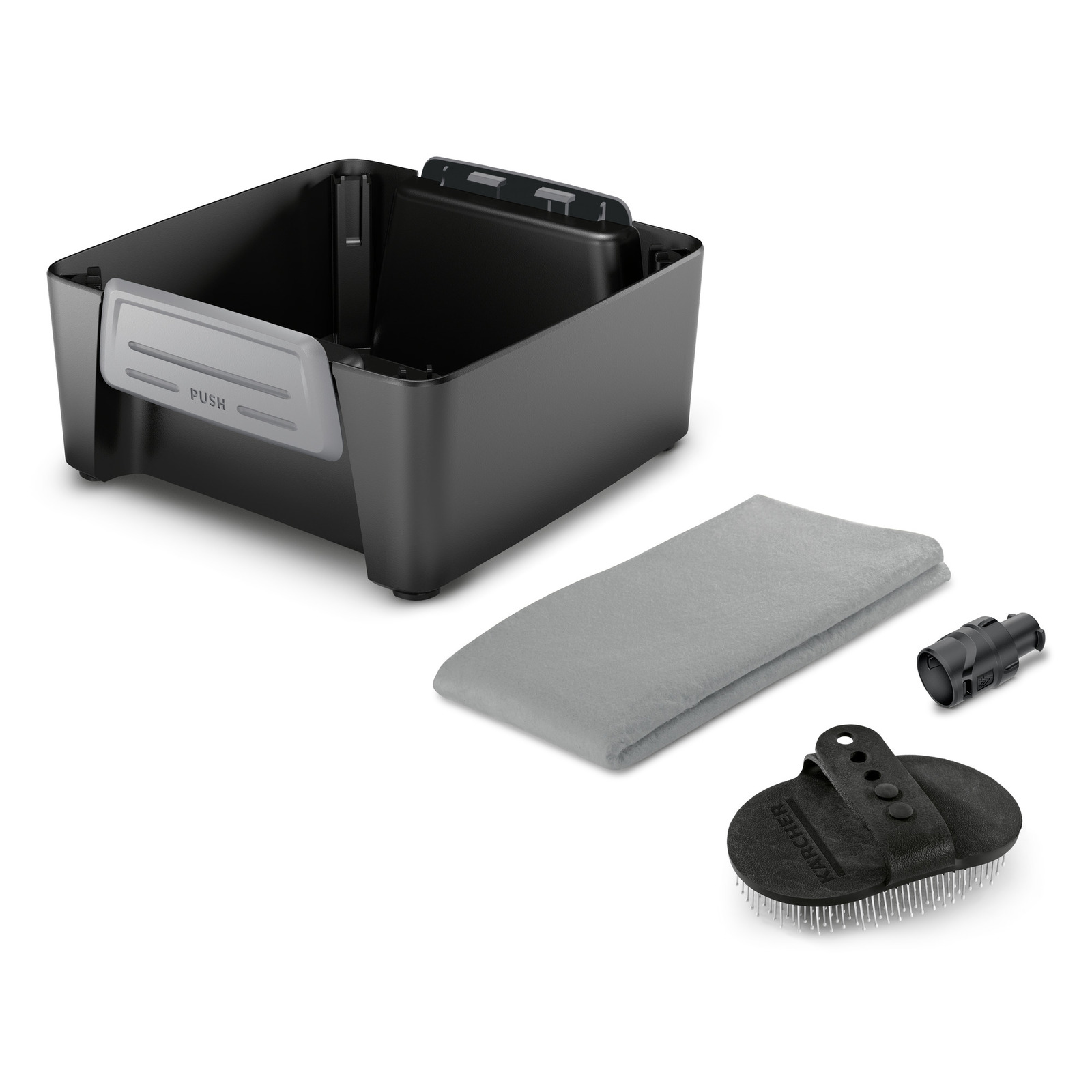 Kärcher pet grooming kit with a black container, grey cloth, black brush, and nozzle attachment.