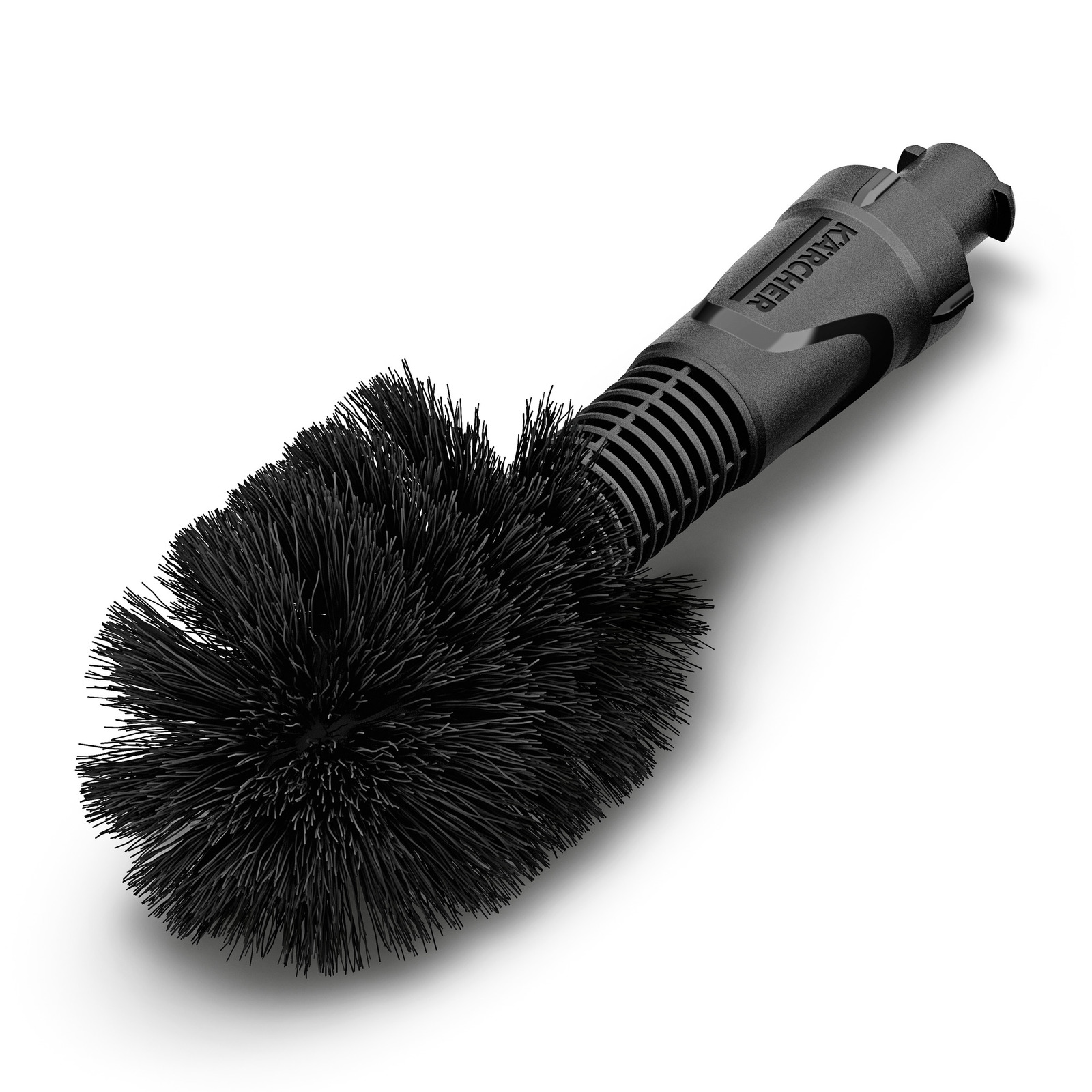 Black Kärcher cleaning brush with dense bristles and ergonomic handle, placed on a white background.