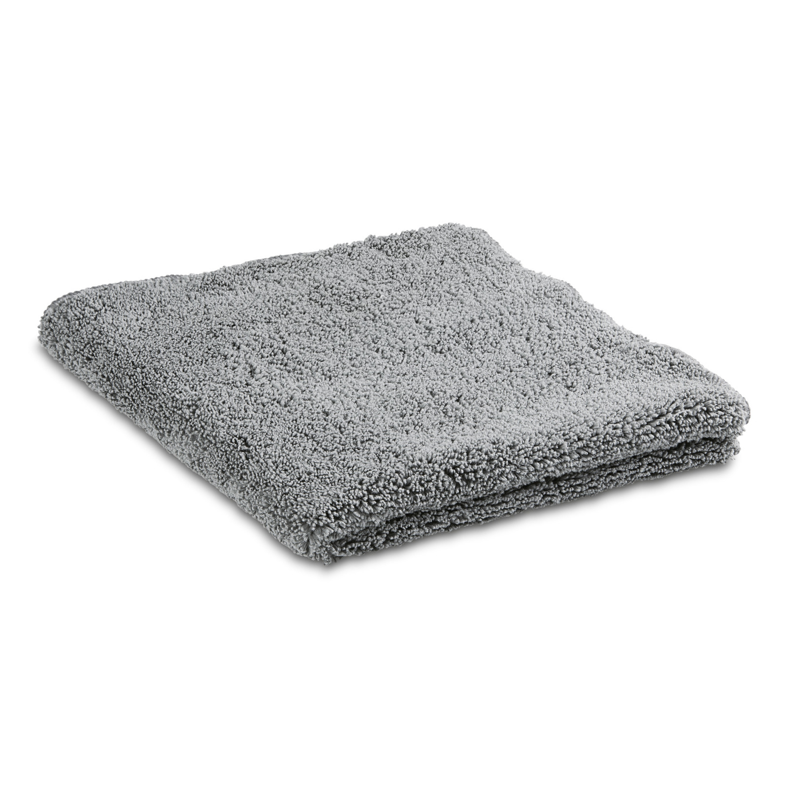 Grey microfibre cloth folded neatly, showcasing its soft and textured surface.
